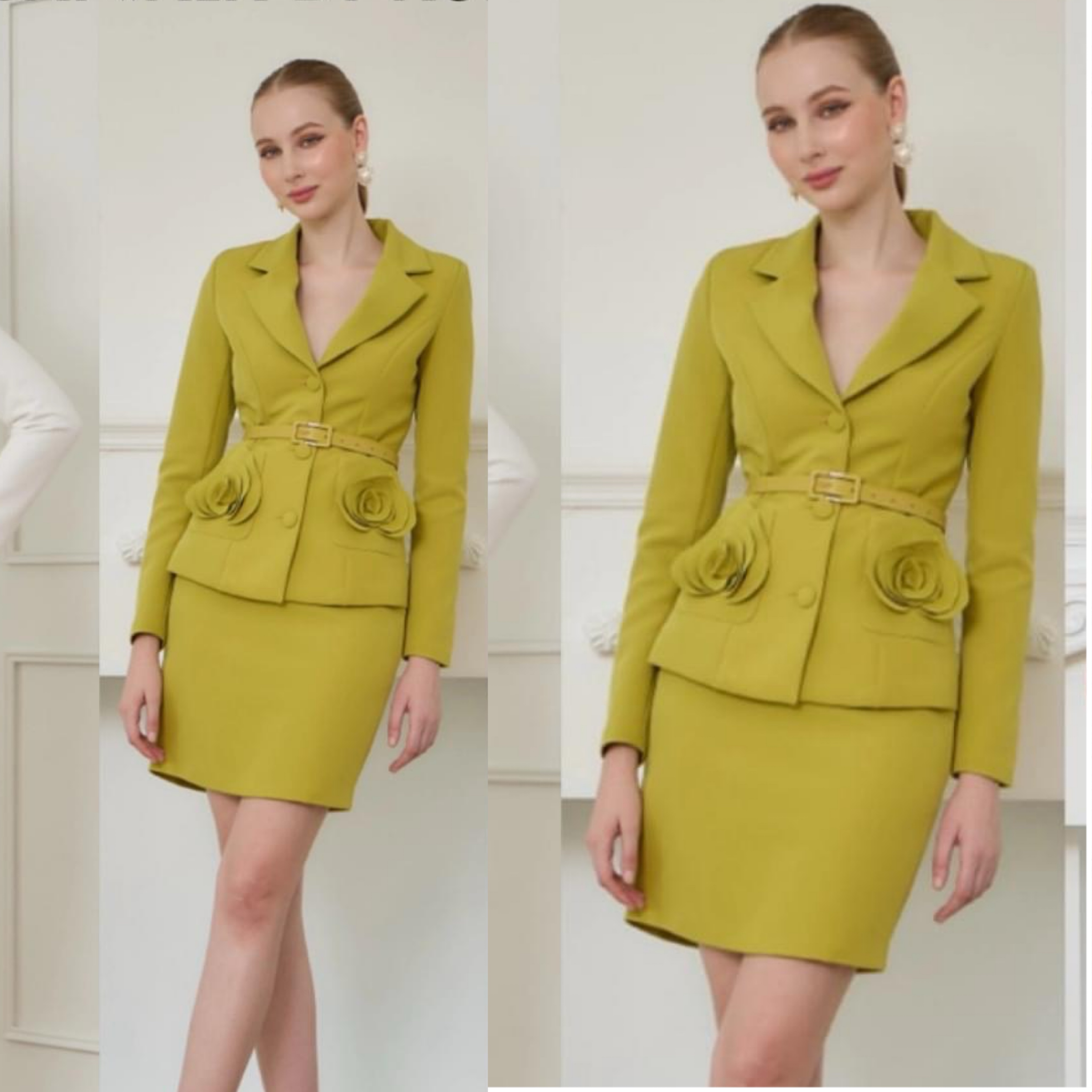 เซต Blazer กระเป๋า แต่งดอกไม้+เข็มขัด+กระโปรง คุ้มมากได้ถึง 3 ชิ้น เนื้อผ้าเกรดเอ ผ้าสวยรีดง่ายใส่สบาย ใส่สบาย : สินค้าคุณภาพ (พร้อมส่ง)