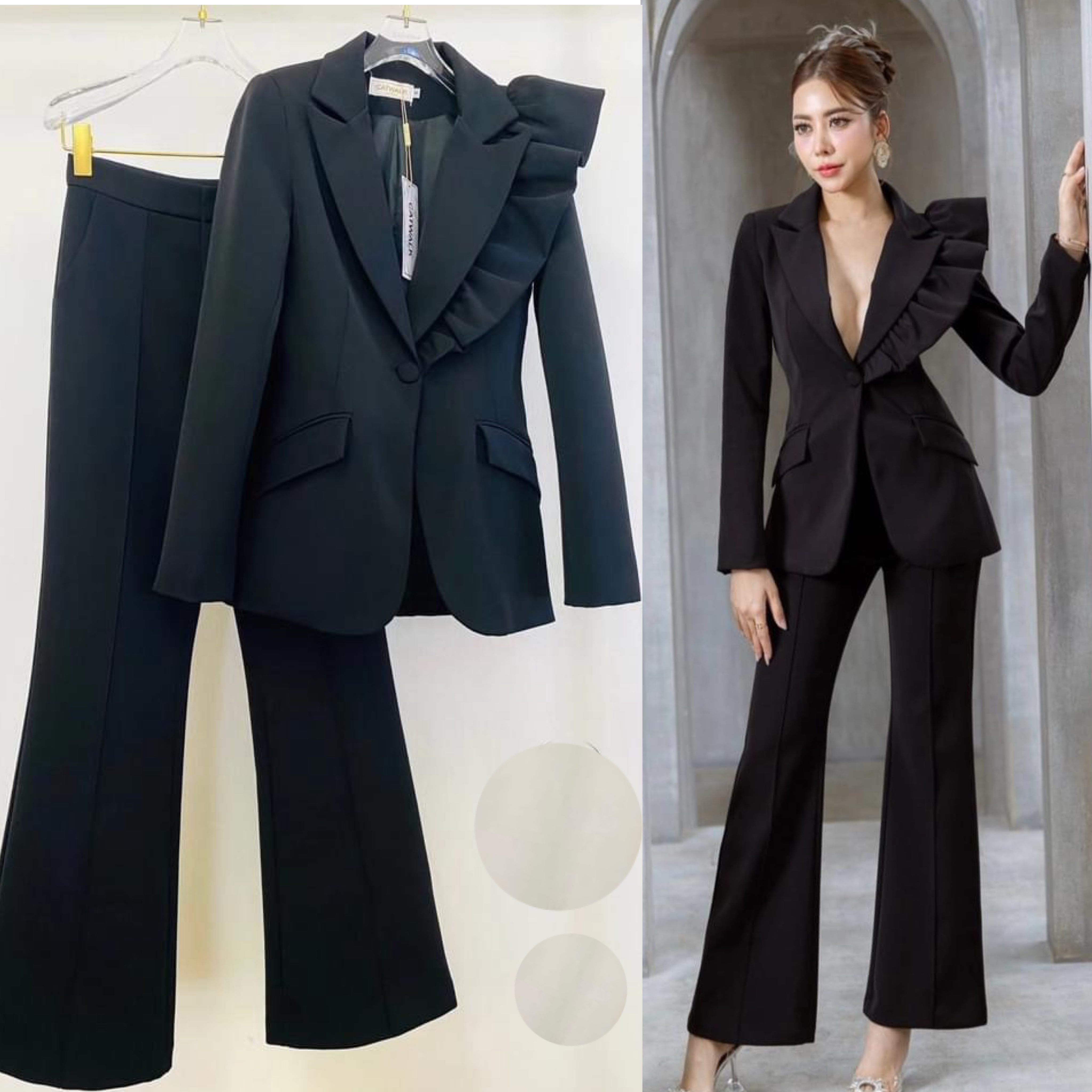 Setสูทแต่งระบายไหล่ข้างเดียว+กางเกงขายาว ทรงสวย ใส่สบาย สินค้าคุณภาพ (พร้อมส่ง)