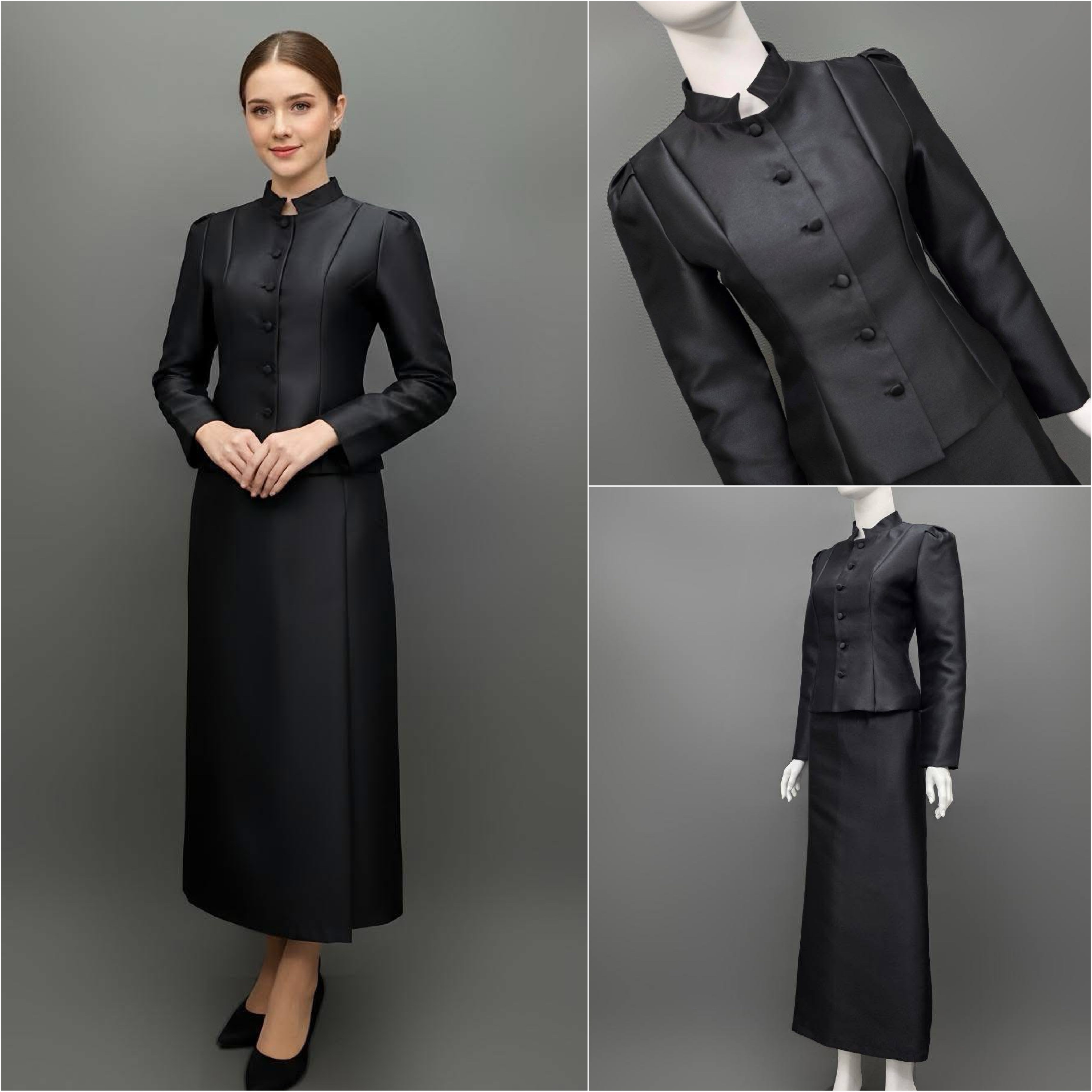 เซ็ทเสื้อเข้ารูปผ่าหน้าแขนยาวทรงกระบอก จับคู่กระโปรงป้ายยาวทรงสอบ ใส่สบาย : สินค้าคุณภาพ (พร้อมส่ง)