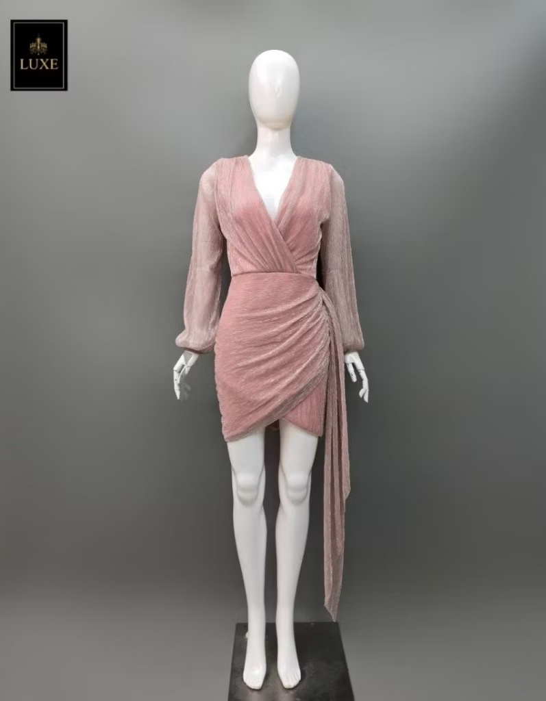 เดรสเสื้อแขนยาวเสริมไหล่ คอป้ายจับเดรป กระโปรงป้ายทรงสอบจับเดรป ดีเทลมีระบาย ด้านข้าง ใส่สบาย : สินค้าคุณภาพ (พร้อมส่ง)