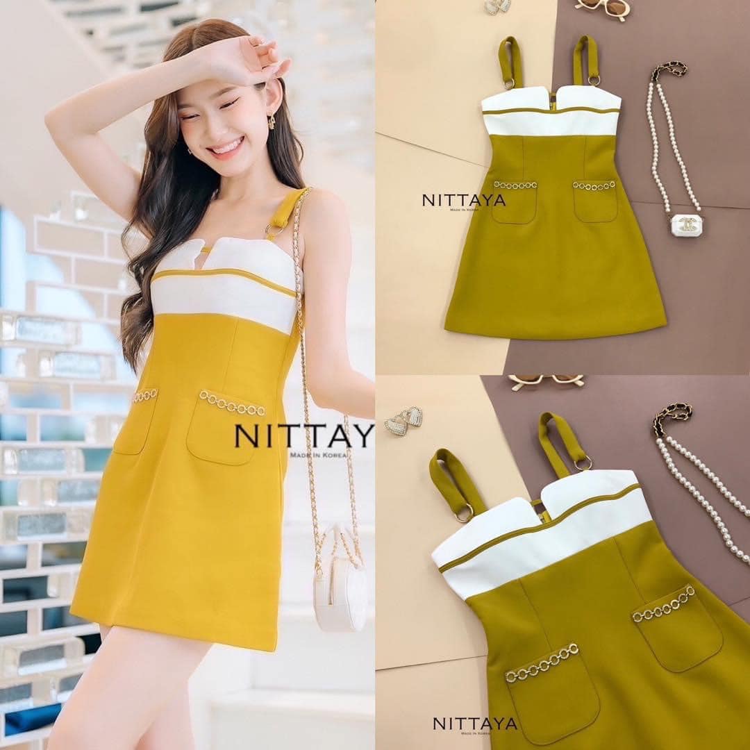 เดรสสายเดี่ยวทรูโทน อกวีมีความเซ็กซี่ เบาๆ ช่วงกระเป๋าแต่งด้วยห่วงเพชร สินค้าคุณภาพ (พร้อมส่ง)