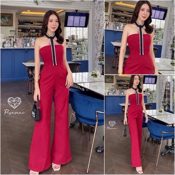 จั้มสูทขายาวสีแดงทรงคล้องคอ ใส่สบาย : สินค้าคุณภาพ (พร้อมส่ง)