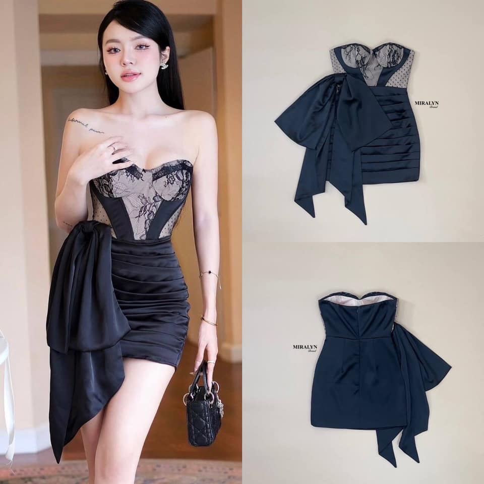 เดรสเกาะอกสีดำช่วงอกและตัวแต่ด้วยผ้าลูกไม้หน้าอกมีฟองน้ำเสริมกระโปรงเย็บจับจีบทั้งชุดแต่งด้วยโบว์ใหญ่แต่งหางปลายาวๆ ใส่สบาย : สินค้าคุณภาพ (พร้อมส่ง)