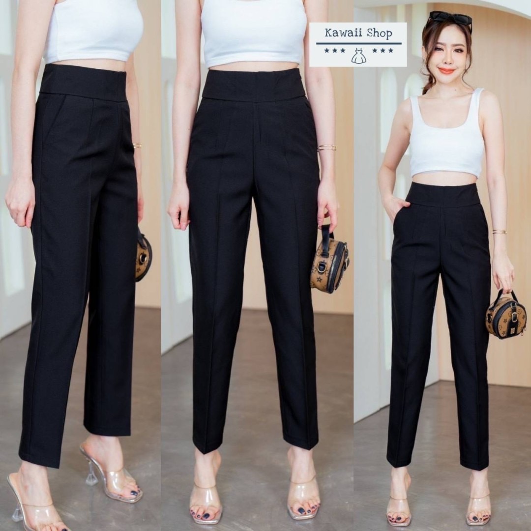 กางเกง*ขายาว8ส่วน ทรงขากระบอกเล็ก มีกระเป๋าข้าง ซิปข้าง ผ้าโซดา ใส่สบาย : สินค้าคุณภาพ (พร้อมส่ง)