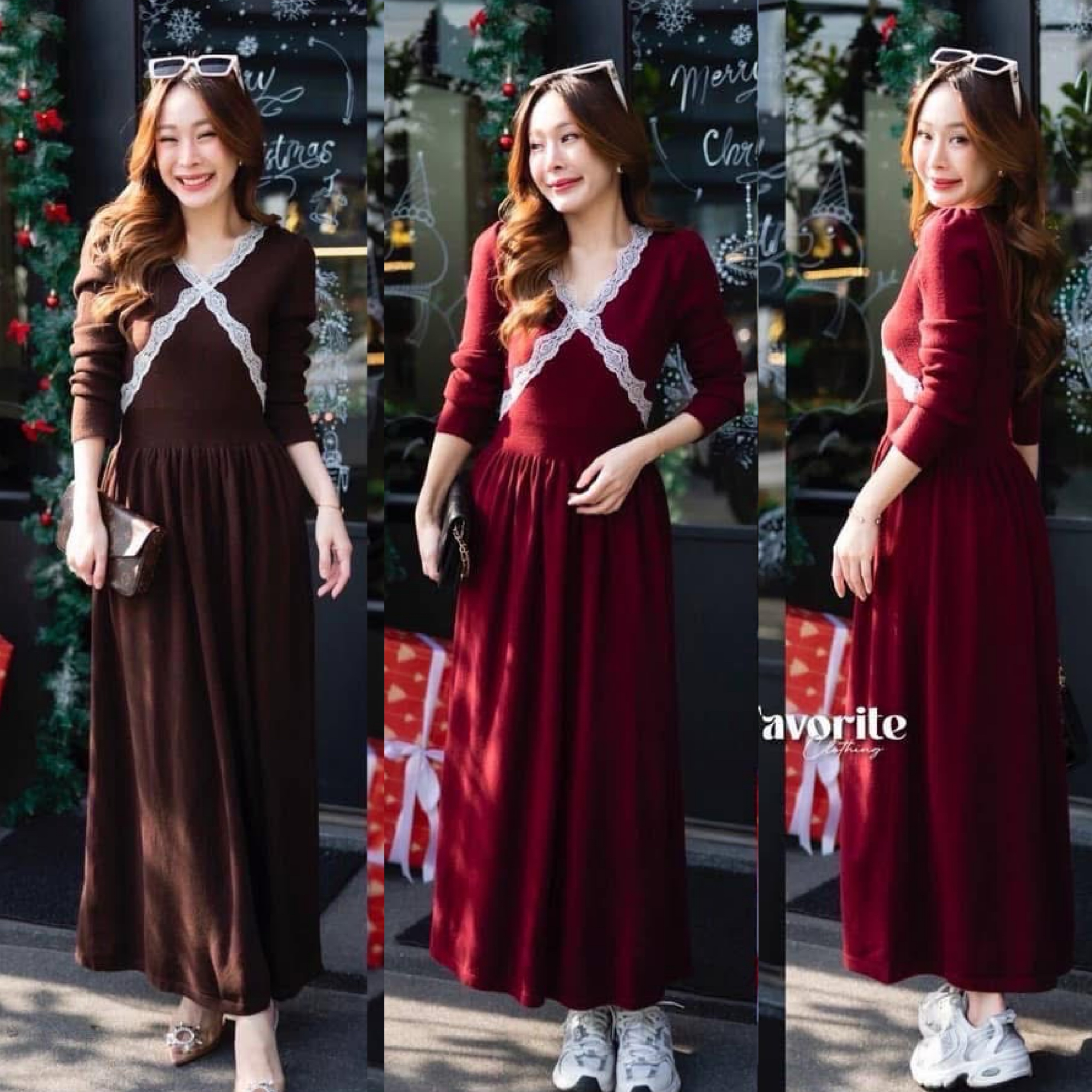 เดรสไหมพรมแขนยาว ดีเทลแต่งลูกไม้ ด้านหน้า งานผ้าไหมพรมเนื้อนุ่มทอแน่น ใส่สบาย ใส่สบาย : สินค้าคุณภาพ (พร้อมส่ง)