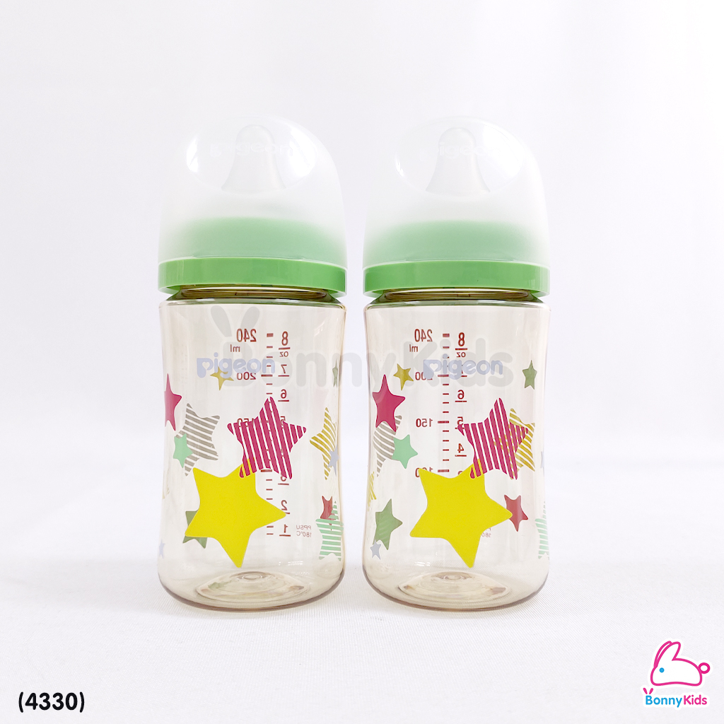 (4330) Pigeon (พีเจ้นท์) SofTouch PPSU ขวดคอกว้างสีชา 8oz แพ็ค 2 ขวด ลาย allstar (3m+)
