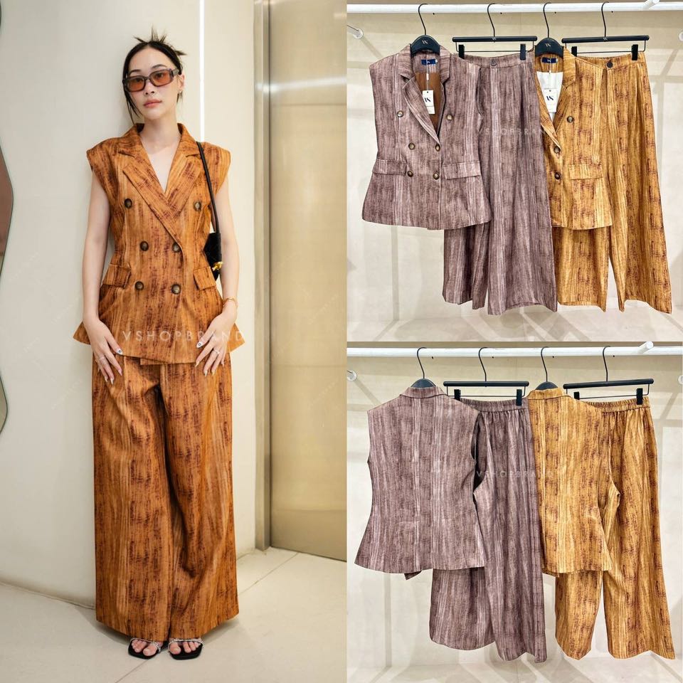 Set เสื้อสูทแขนกุดลายไม้+กางเกงขายาว ใส่สบาย : สินค้าคุณภาพ (พร้อมส่ง)
