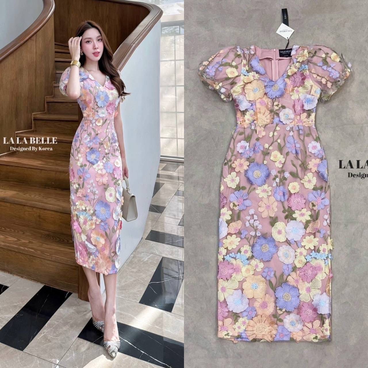 เดรสคอวีแขนตุ๊กตาเอวเข้ารูปกระโปรงยาวทรงสอบมีซับใน ใส่สบาย : สินค้าคุณภาพ (พร้อมส่ง)