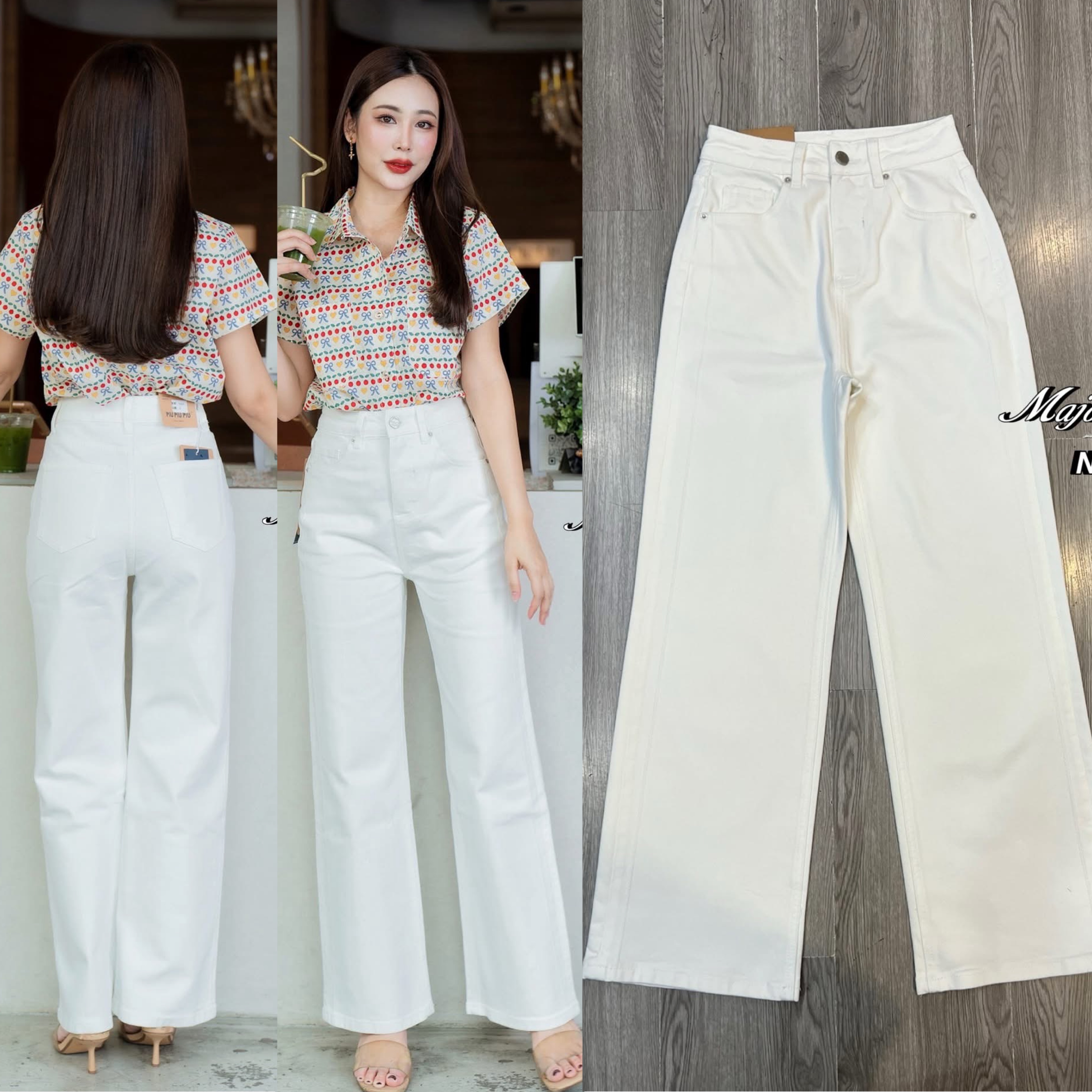 กางเกงยีนส์ขากระบอกสีขาว (ผ้ายืด) เอวสูง ทรงเรียบๆ ใส่สบายมว๊ากก งานสวยมาก ผ้านิ่มเนื้อดี ใส่สบาย : สินค้าคุณภาพ (พร้อมส่ง)