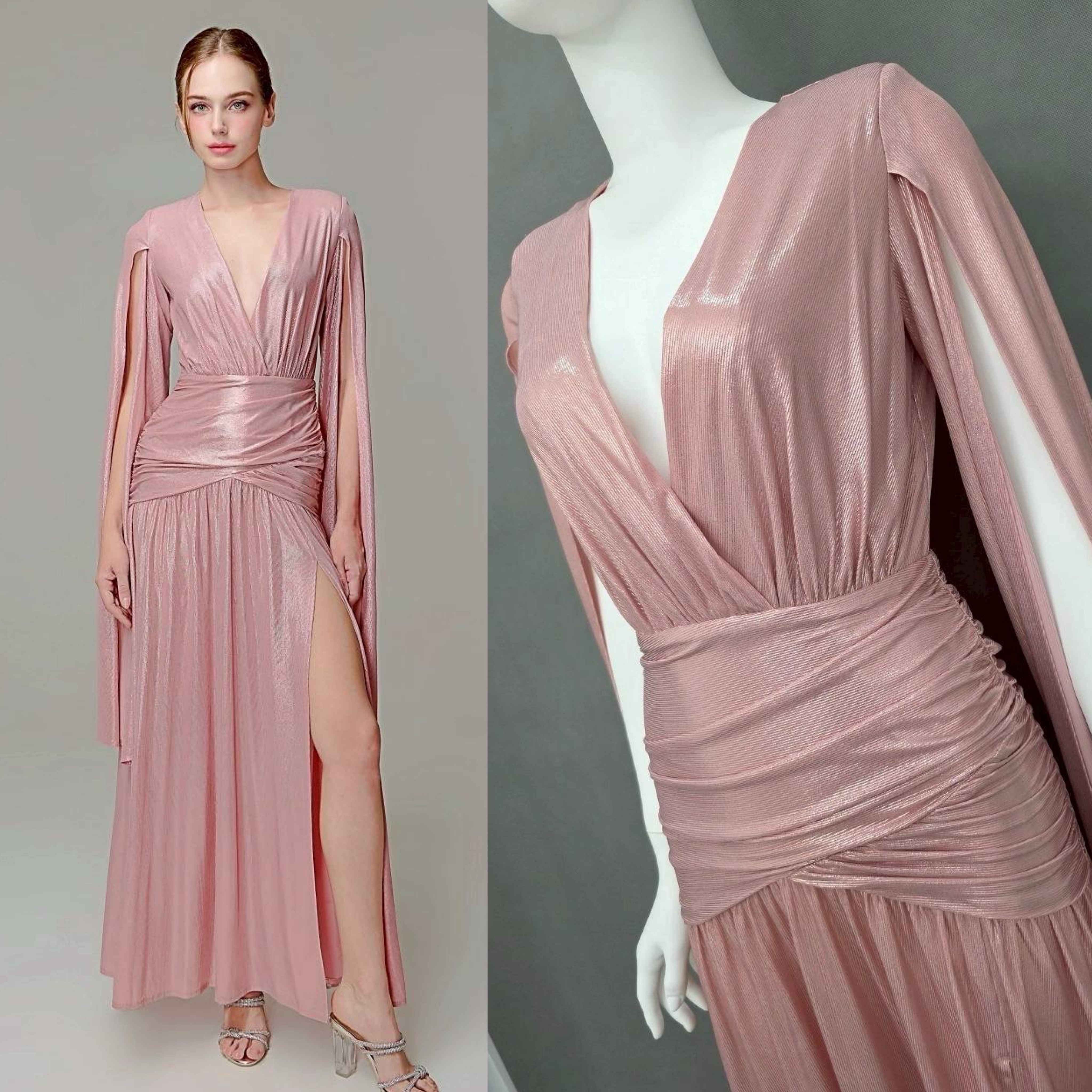 แม็กซี่เดรสเสื้อคอวีป้าย แขนยาวเป็นผ้าคลุมในตัว กระโปรงเข้ารูปตรงสะโพก ผ่าหน้าขา ชายกระโปรงบาน ใส่สบาย : สินค้าคุณภาพ (พร้อมส่ง)