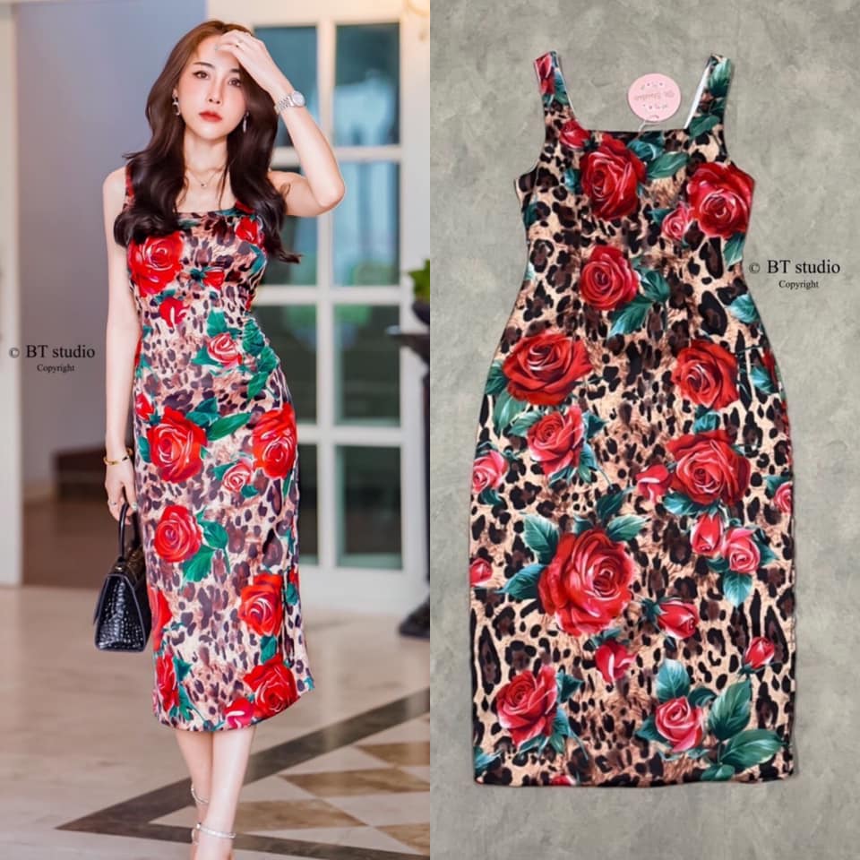 เดรสสายเดี่ยว ผ่าหลัง เข้ารูป ลายเสือ แต่งลายกุหลาบ แซมเผ็ช แซ๊บบ หุ่นดี แถมมีความเรียบหรูต้องยอมจ้าาา สินค้าคุณภาพ (พร้อมส่ง)