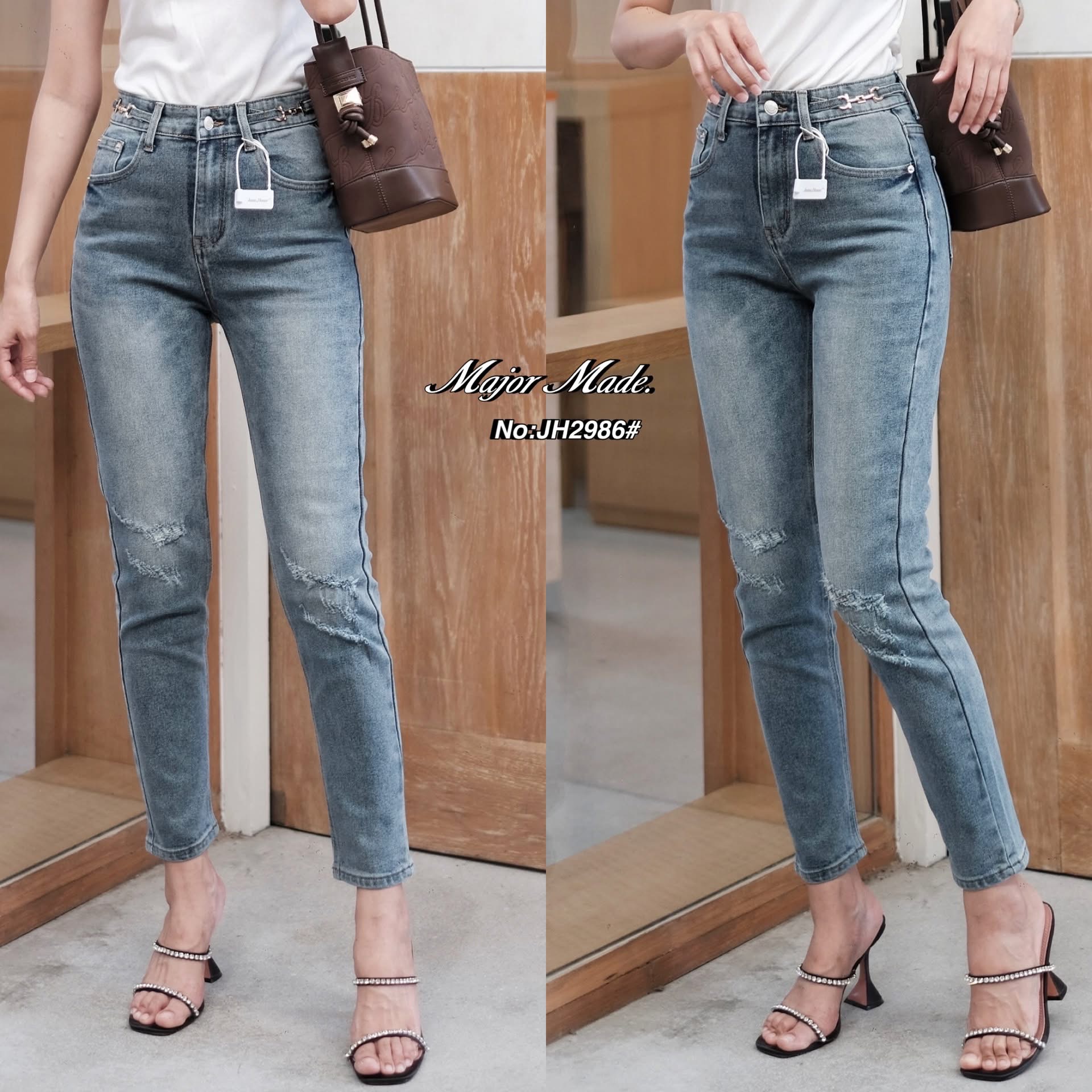 กางเกงยีนส์ทรงบอย(ผ้ายืด) ทรงเอวสูงงงง ช่วงเอวเพิ่มลูกเล่นตรงขอบกางเกง ดูมีสไตล์สุดๆ ใส่สบาย : สินค้าคุณภาพ (พร้อมส่ง)