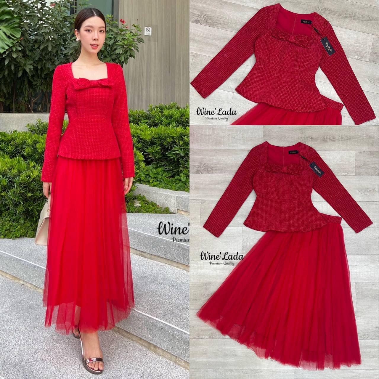 Set 2 Pcs. เซ็ทเสื้อผ้าทวิตแต่งโบว์ด้านหน้า ทรงเป๊ะเข้ารูป มาพร้อมกับกระโปรงมุ้งสีแดง ซับในทั้งตัว ดูหรู ลงตัวที่สุด ใส่สบาย : สินค้าคุณภาพ (พร้อมส่ง)