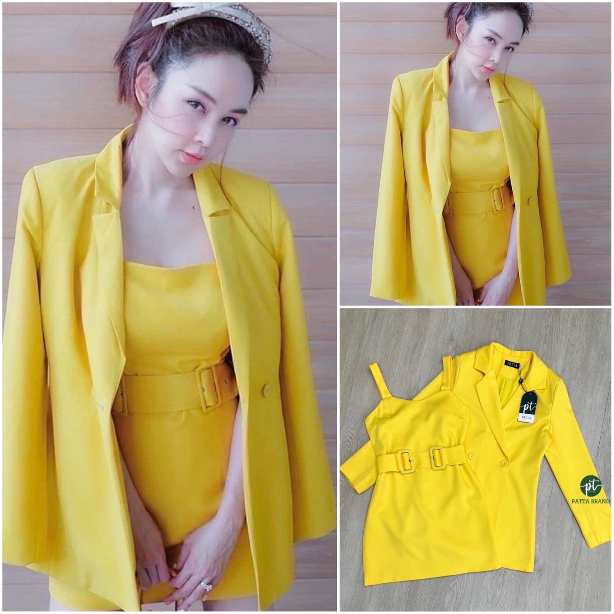 ชุดset3ชิ้น เสื้อคลุมสูทแขนยาว ด้านหน้าแต่งกระดุม มาพร้อม เดรสสายเดียวตัวใน งานมีซิปหลัง สวมใส่สบาย มีเข็มขัดปรับระดับได้ สินค้าคุณภาพ (พร้อมส่ง)