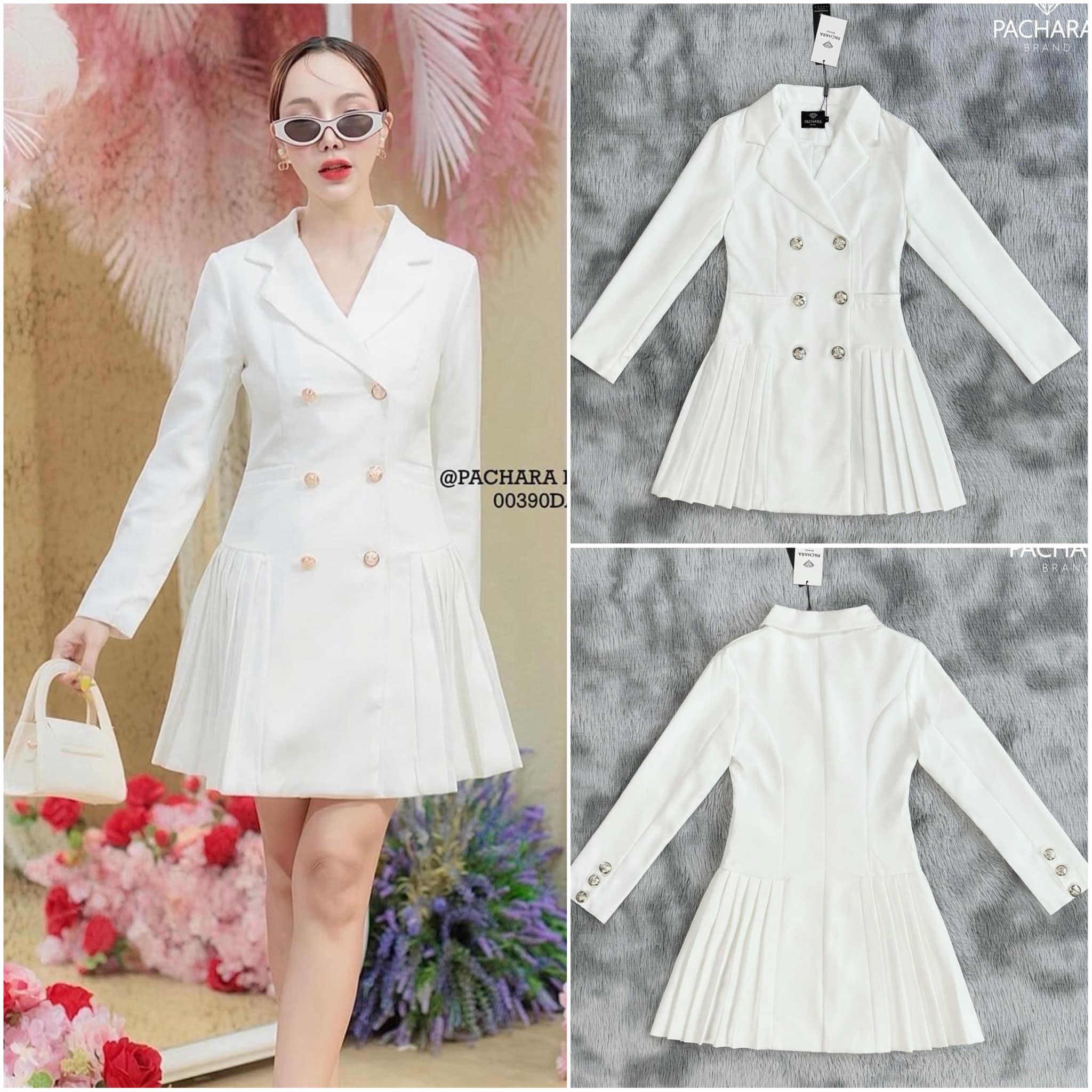 เดรสสูทคอปกแขนยาวสีขาวทรงเข้ารูป แต่งกระดุมโรมันสวยมาก มีกระเป๋าสองข้าง แต่งอัดพลีทรอบตัว เนื้อผ้าหนามีซับในอัดกาวอย่างดี สินค้าคุณภาพ (พร้อมส่ง)
