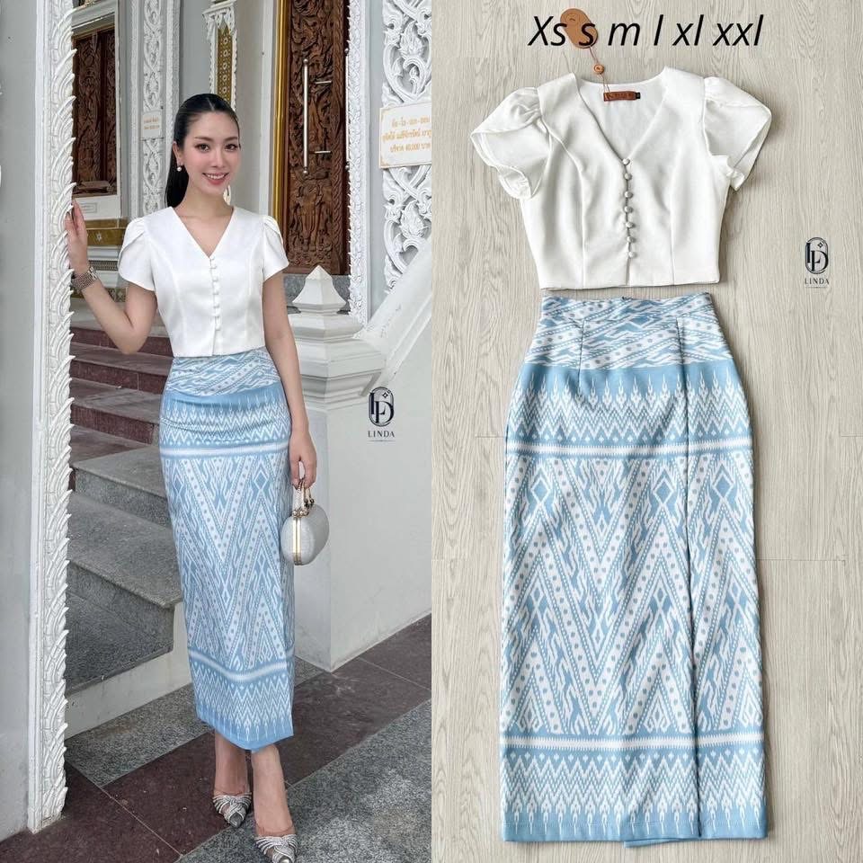 ชุดไทย 2 ชิ้น ผ้าถุงเป็นผ้าพิมพ์ลายเกรดพรีเมี่ยม ใส่สบาย : สินค้าคุณภาพ (พร้อมส่ง)