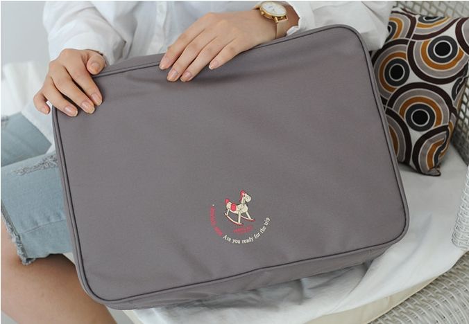 กระเป๋าจัดระเบียบเดินทาง, กระเป๋าจัดระเบียบเสื้อผ้า เสียบที่จับของกระเป๋าเดินทางได้ มีช่องใส่สองชั้นกั้นด้วยช่องตาข่าย ผลิตจากโพลีเอสเตอร์กันน้ำ