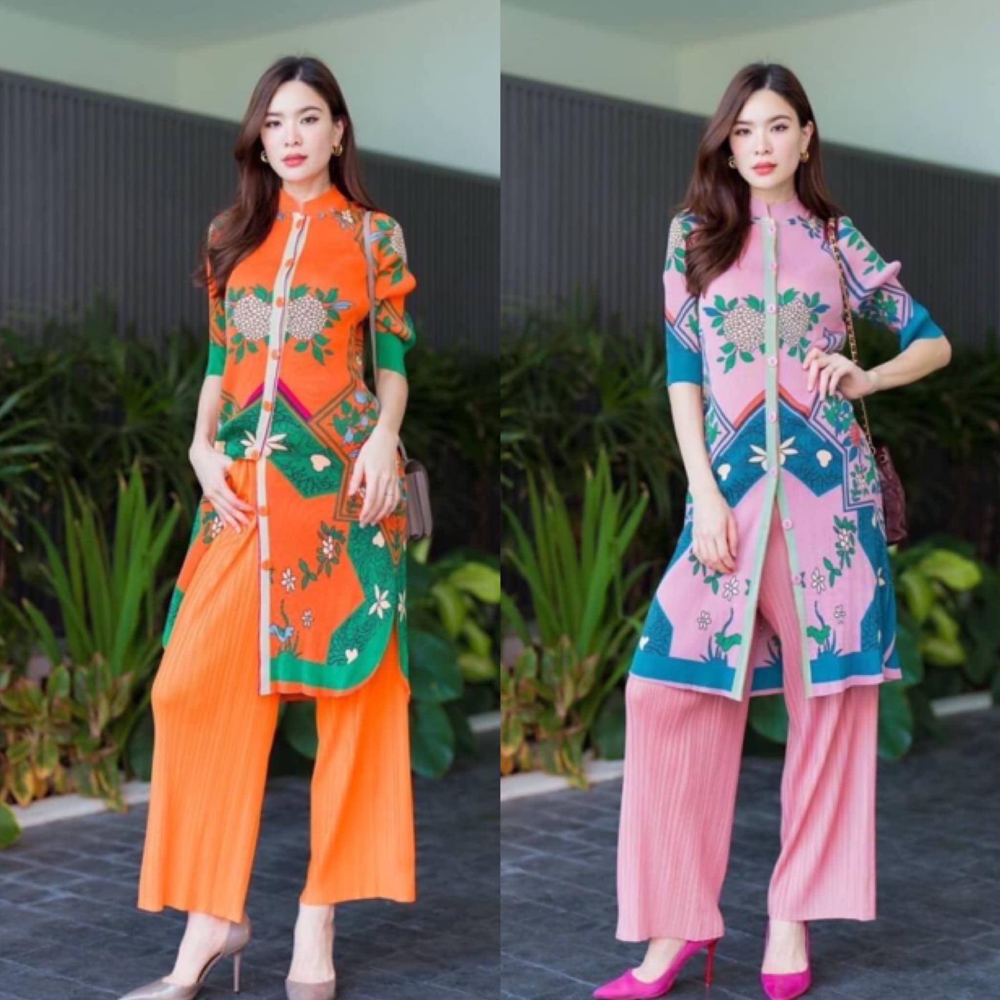 ชุดเซตผ้าอัดพลีท AA Premium เสื้อแขน 3 ส่วน คอจีนตัวยาว แต่งกระดุมเรียงยาว สีเดียวกับชุด แพทเทิร์น วาดลาดลาย สีสัน สวย สดใส สินค้าคุณภาพ (พร้อมส่ง)