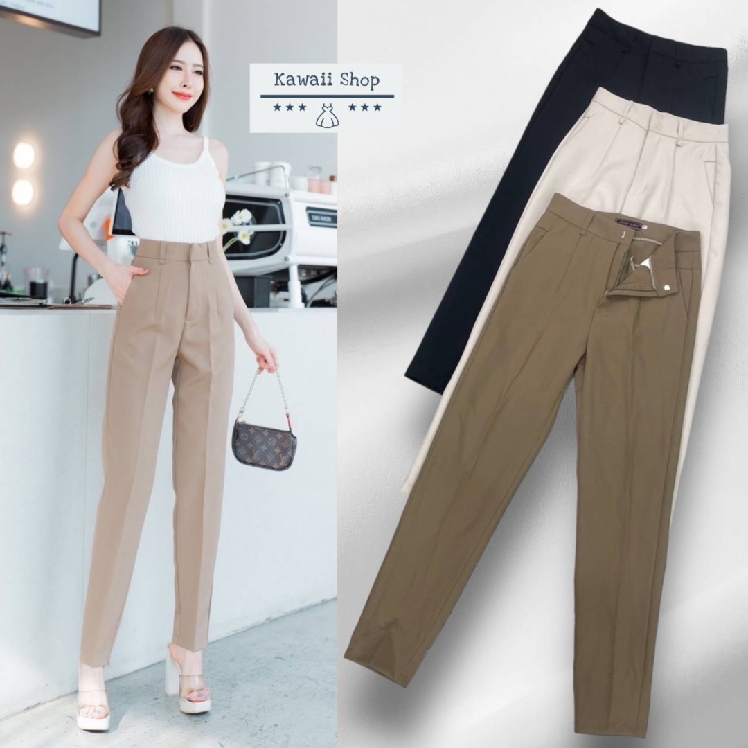 กางเกงขายาว ทรงเดฟ ดีเทลกระเป๋าสามเหลี่ยม ติดตะขอ ซิปหน้า ผ้าไมโคร ใส่สบาย : สินค้าคุณภาพ (พร้อมส่ง)