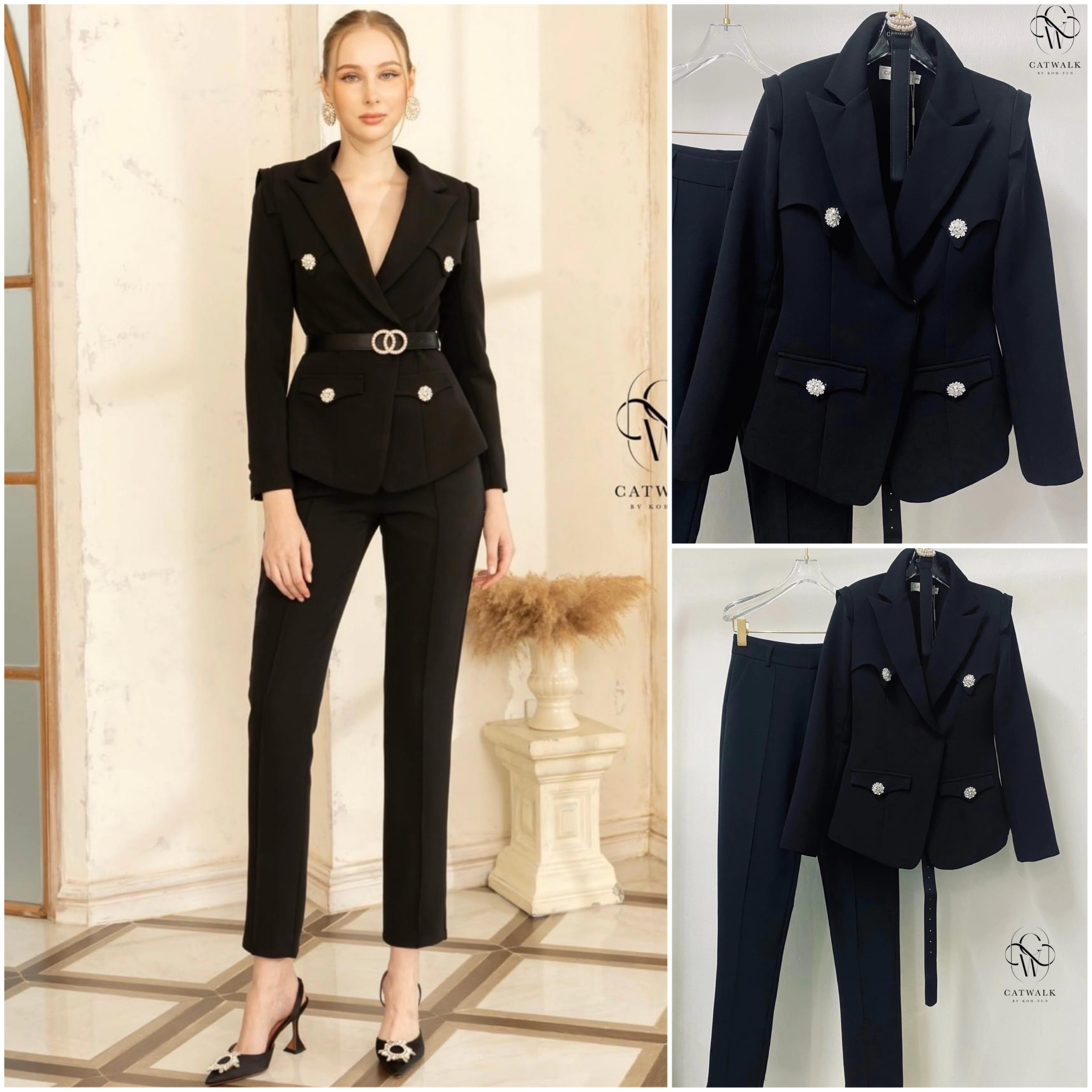 เซต BLAZER กระดุมเพชรเนื้อผ้าเกรดเอ ตัวBLAZER เป็นทรง เข้ารูปแต่งกระดุมแต่งเพชรสีเงิน มีเข็มขัดช่วย ให้ทรงเข้ารูป หัวเข็มขัดแต่งด้วยมุกดูหรูหรา สุดๆ มาคู่กับกางเกงเอวสูงทรงขากระบอกเล็ก ใส่สบาย : สินค้าคุณภาพ (พร้อมส่ง)