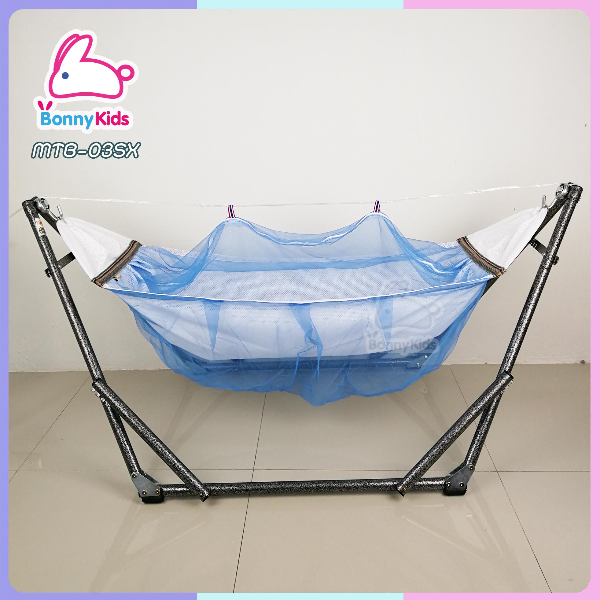 (13190+13191) เปลญวนเด็กอ่อน สีสันสวยงาม พร้อมมุ้งครอบกันยุงและแมลง สีฟ้า