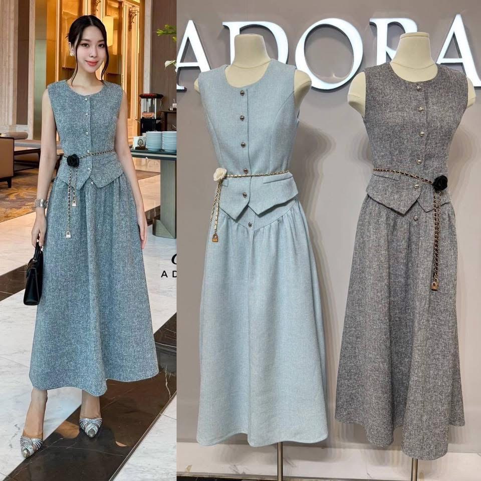Set เสื้อแขนกุดดีไซน์วี เนื้อผ้าทวิตเนื้อผสม งานกระดุมหน้า มาพร้อมกระโปรงเอวสูง ใส่สบาย : สินค้าคุณภาพ (พร้อมส่ง)