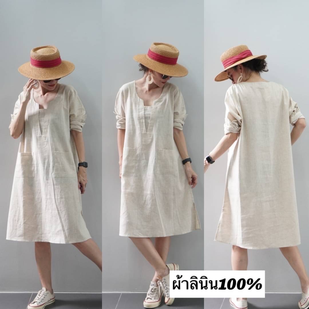 เดรสลินินแท้💯คอวีแขนยาว ทรงสวย ใส่สบาย สินค้าคุณภาพ (พร้อมส่ง)
