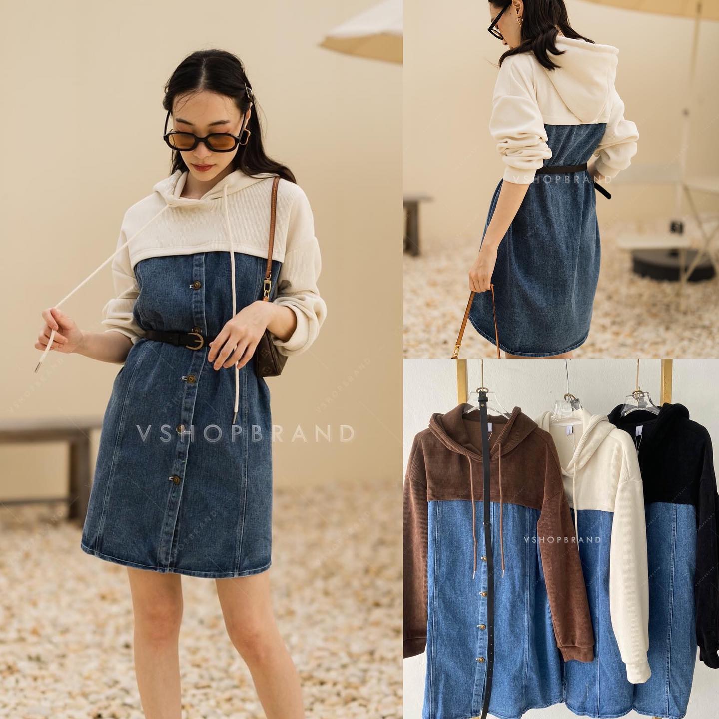 เดรสยีนส์กระดุมหน้า แต่งฮู้ด + เข็มขัด สินค้าคุณภาพ (พร้อมส่ง)