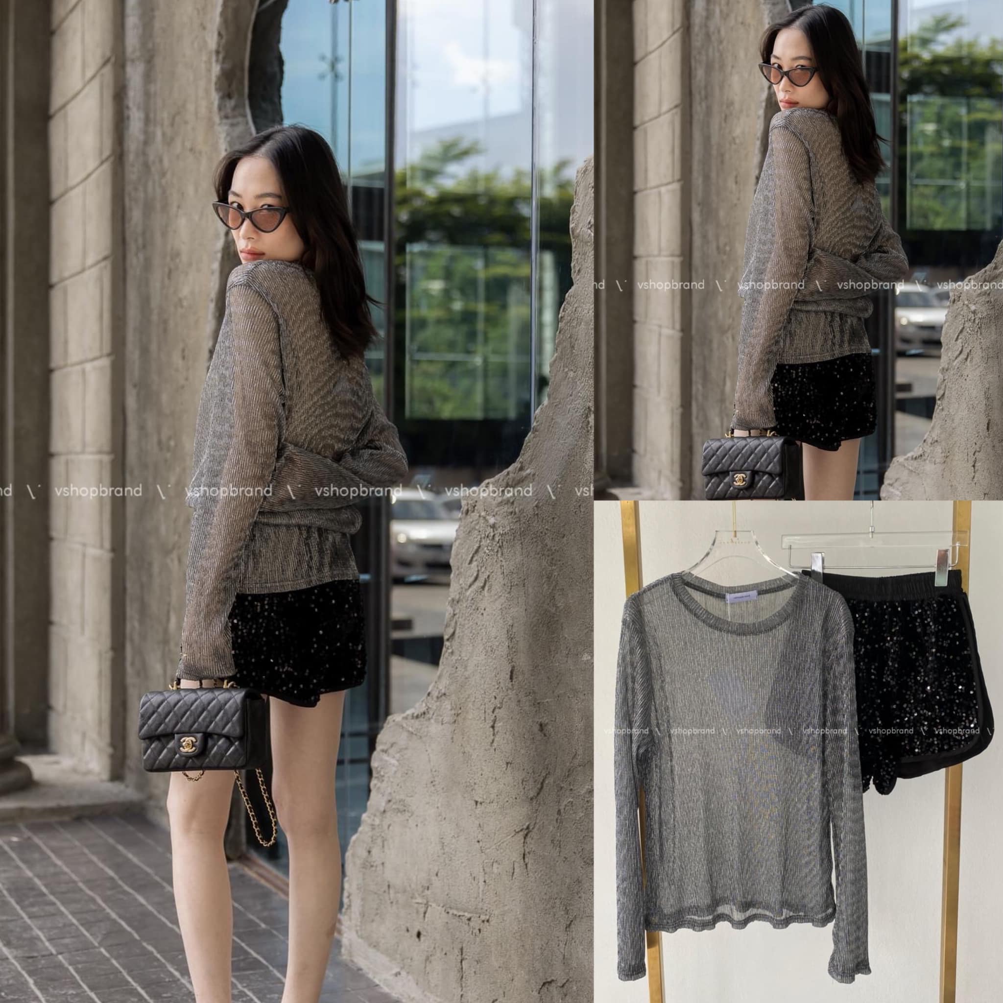 Set เสื้ออัดพลีทวิ้งๆ+ ขาสั้นกลิตเตอร์ สินค้าคุณภาพ (พร้อมส่ง)