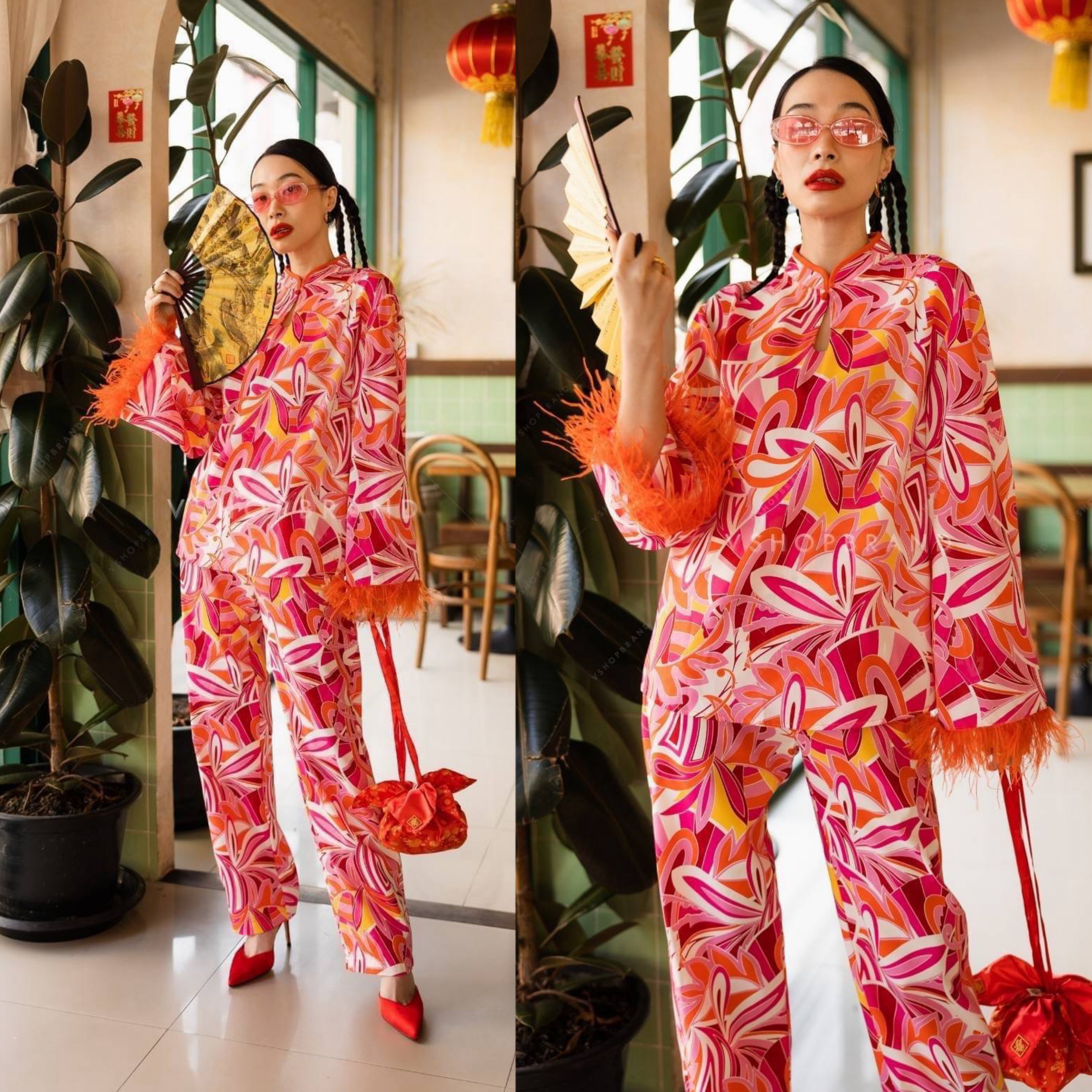 ชุดกี่เพ้าเสื้อคอจีน แขนขนนกและแมทกับกางเกงขายาว ใช้ลายกราฟฟิกในการผลิตชุด ใส่สบาย : สินค้าคุณภาพ (พร้อมส่ง)