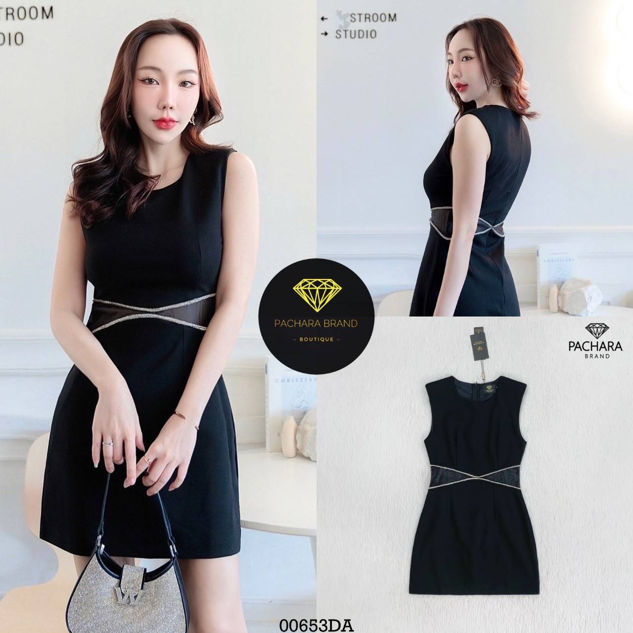 เดรสสั้นแขนกุด. ทรงเข้ารูป ช่วงเอวเว้าตัดต่อผ้าซีทรู ติดเพชรวิบวับสวยมาก สินค้าคุณภาพ (พร้อมส่ง)