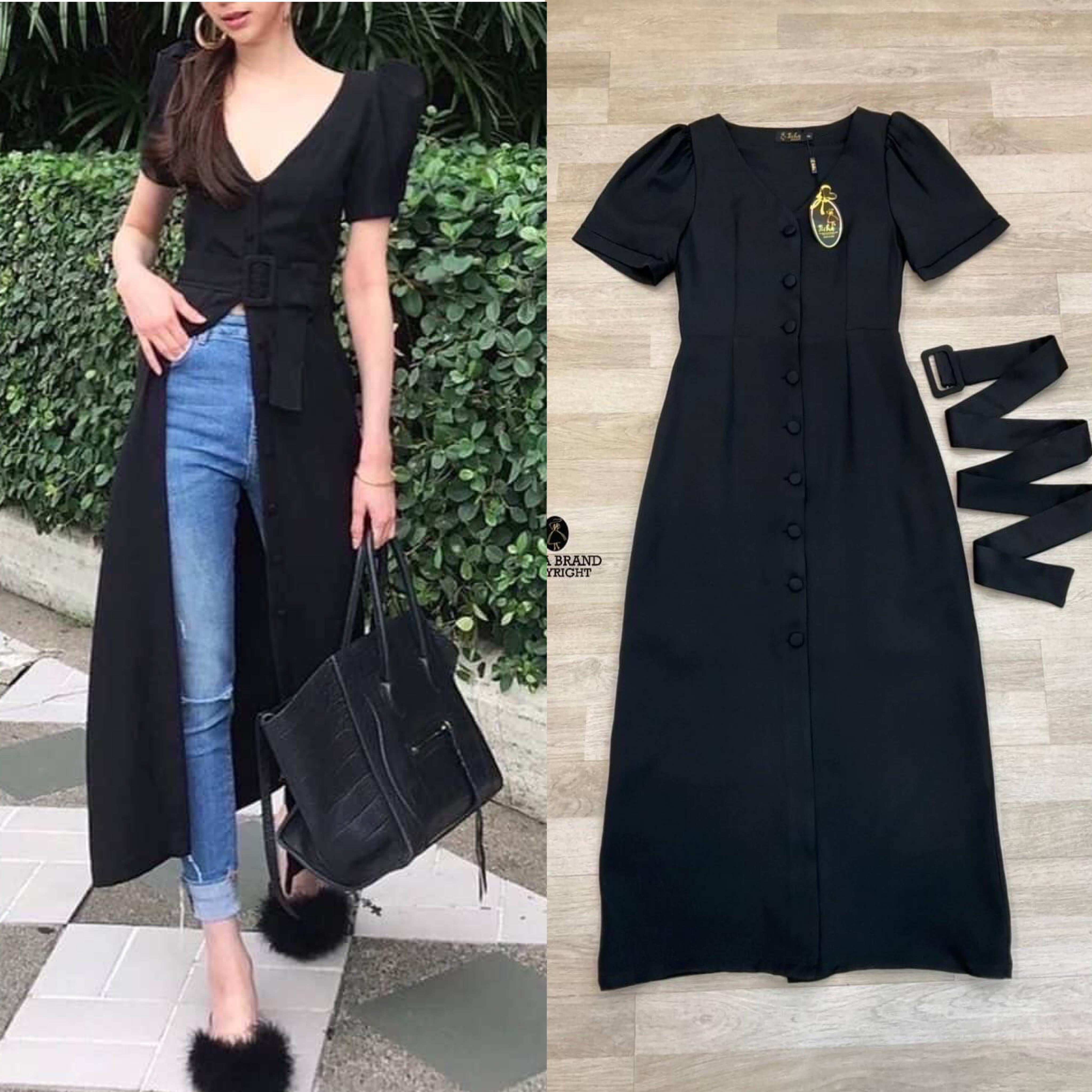 Dress ตัวยาวแขนพอง ดีเทลแต่งกระดุมด้านหน้า สไตล์มินิมอล เรียบๆแต่ดูแพง สินค้าคุณภาพ (พร้อมส่ง)