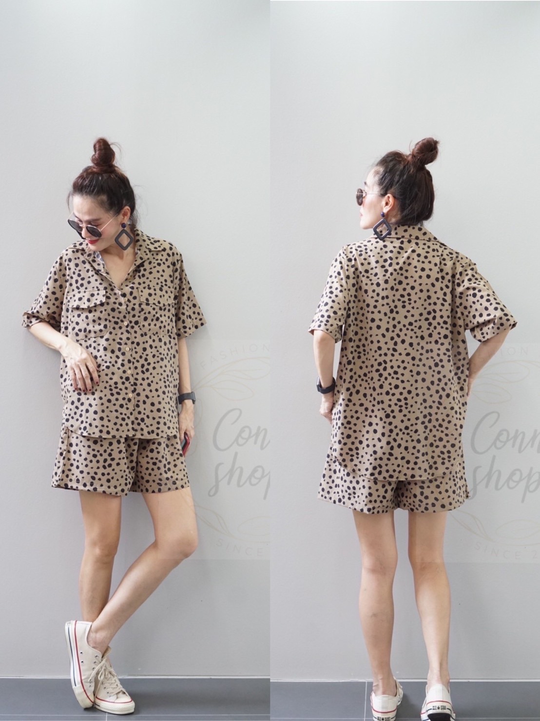 ชุดเซต 2 ชิ้น เสื้อเชิ้ตแขนสั้น แต่งกระเป๋าหน้า ผ้าไหมอิตาลี่ เนื้อนิ่ม พิมลาย มาคู่กับ กางขาสั้น เอวยางยืด งานเจาะกระเป๋า ข้าง ใส่สบาย : สินค้าคุณภาพ (พร้อมส่ง)