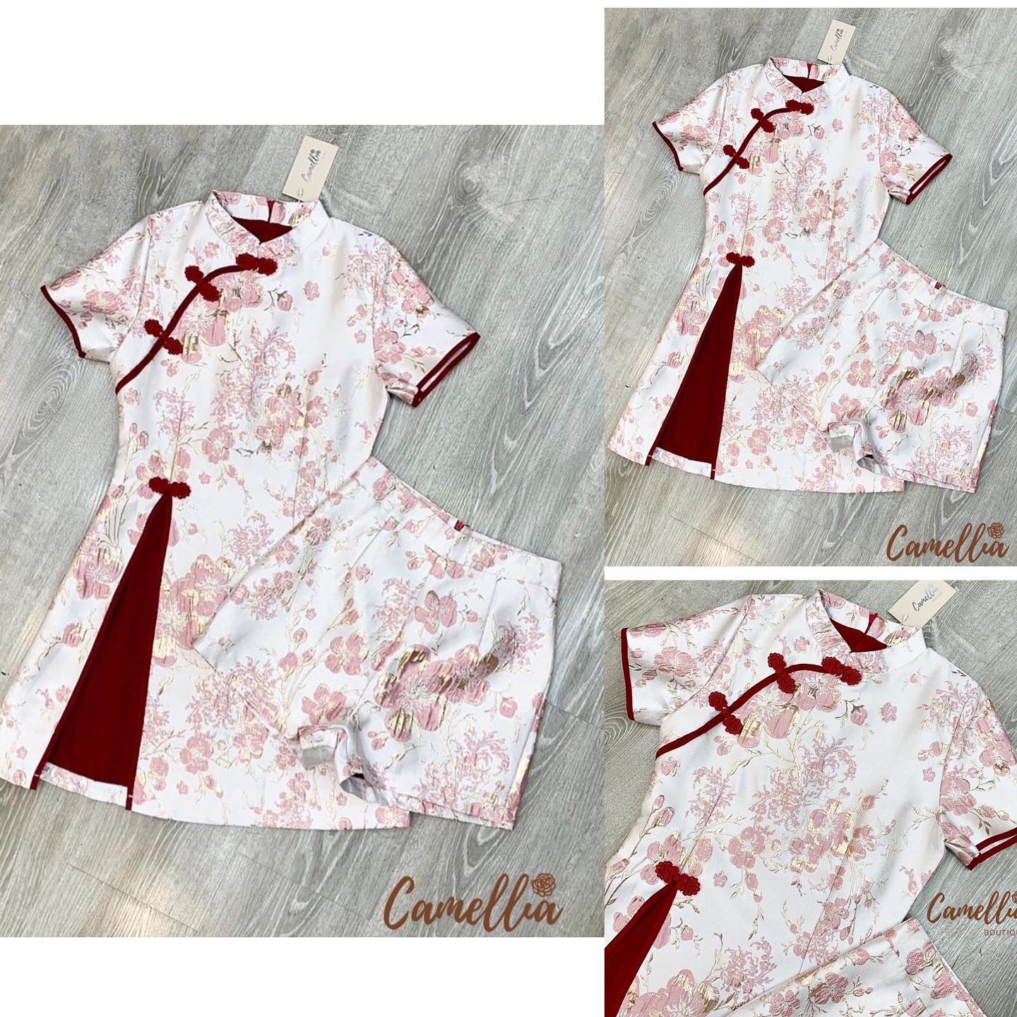 ชุดSet เสื้อกี่เพ้าผ้าทอลายดอกโทน สีชมพูทอง แต่งกระดุมสีแดงสวยลงตัว มากคะ + กางเกงขาสั้นลายเข้ากับชุด งานผ้าสวยหรูดูแพงใส่สวยๆ : สินค้าคุณภาพ (พร้อมส่ง)