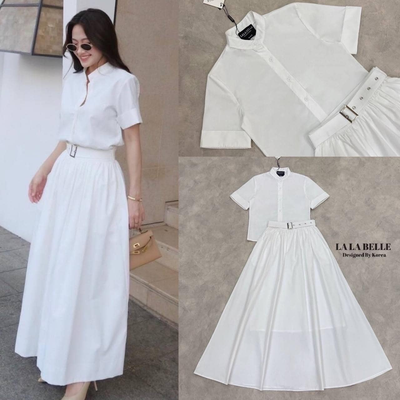 เซต3ชิ้น เสื้อเชิ้ตคอจีนสั้นสั้นปลายแขนพับกระดุมหน้า ใส่คู่กระโปรงยางเย็บจับรอบอย่างดีมีซับในอย่างดี ใส่คู่เข็มขีดเข้าชุดสวยหรูดูแพงสุดๆ ใส่สบาย สินค้าคุณภาพ (พร้อมส่ง)