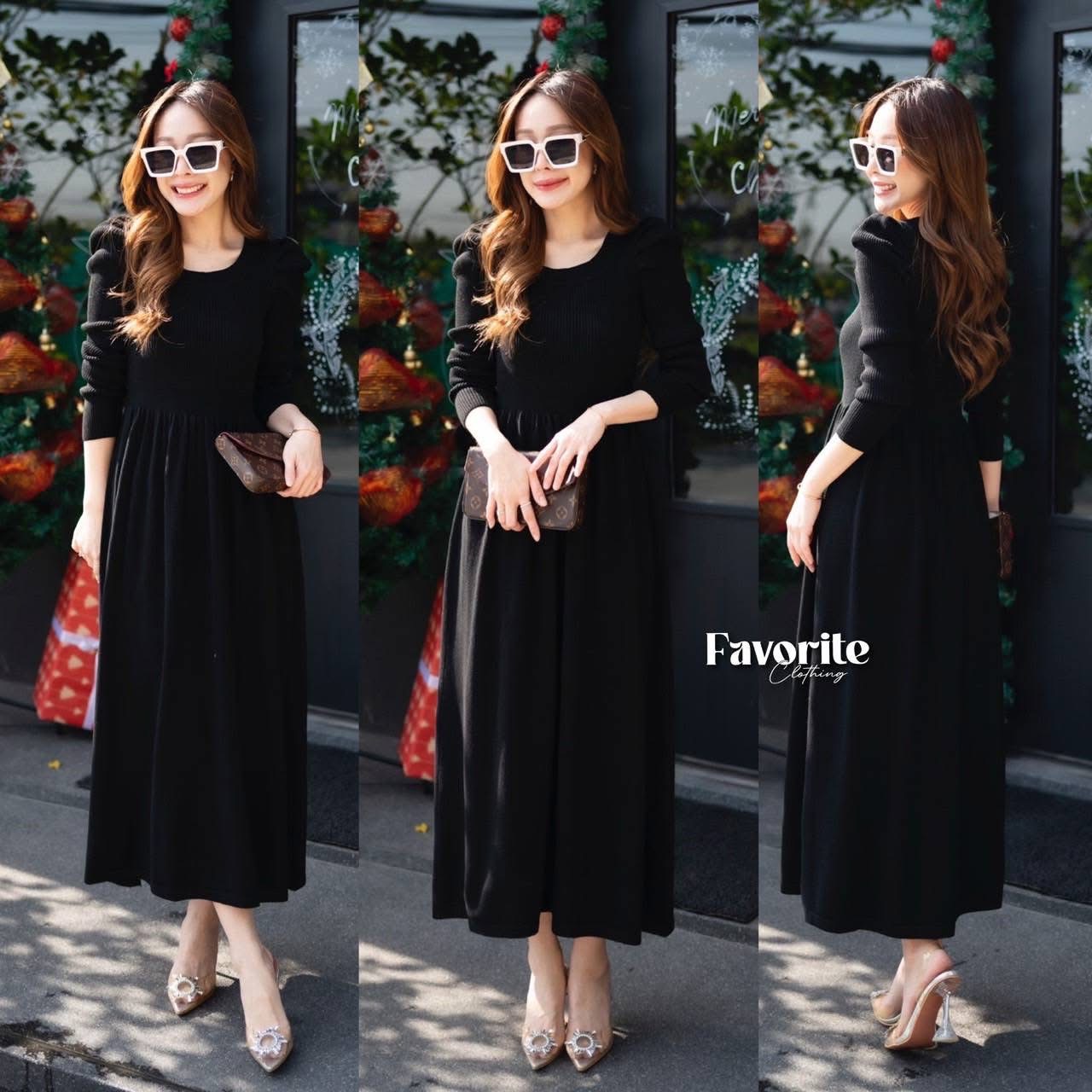 เดรสไหมพรมแขนยาว ดีเทลเย็บเอวจีบ งานผ้าไหมพรมผ้าร่องเนื้อดีทอแน่น ใส่สบาย : สินค้าคุณภาพ (พร้อมส่ง)