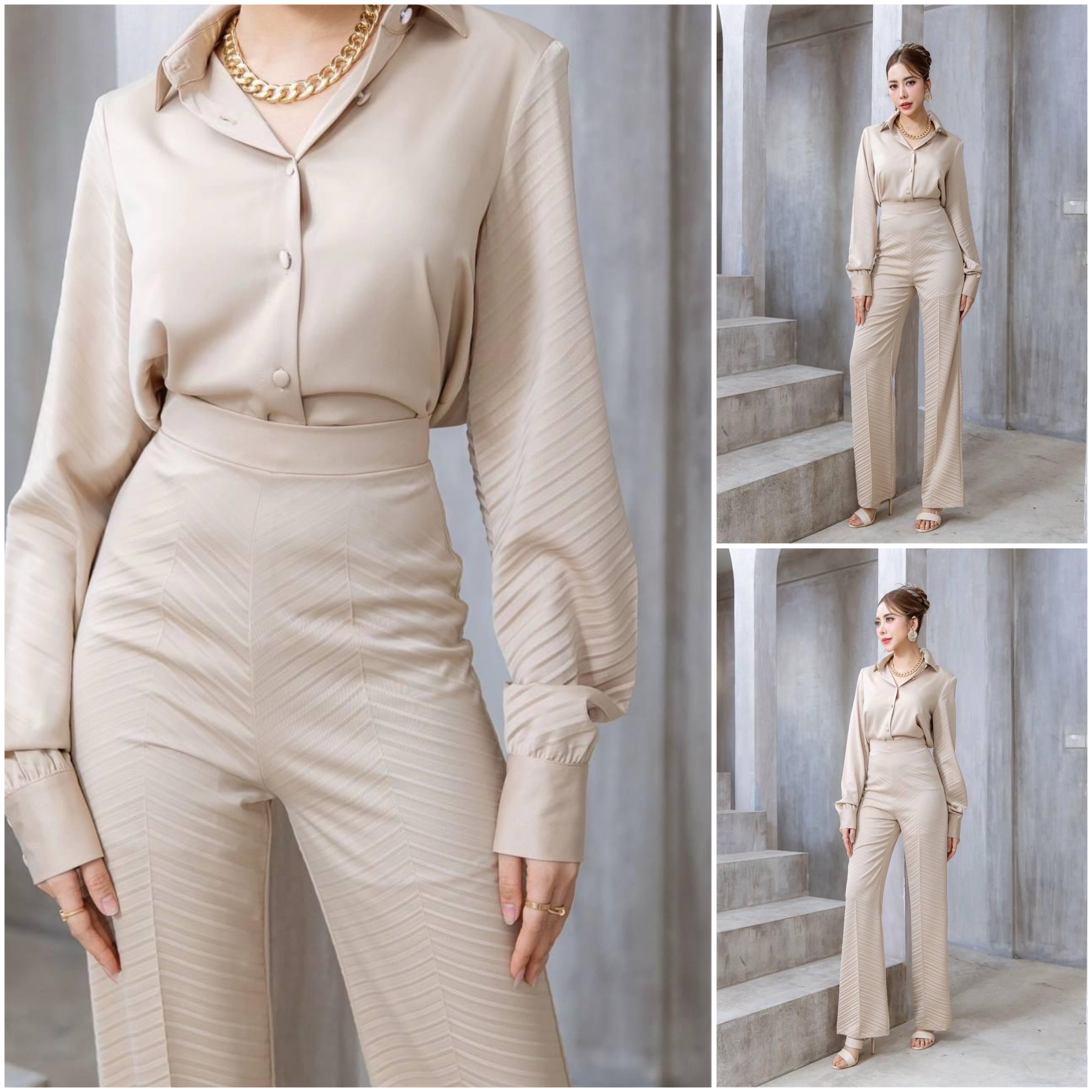 เซตเสื้อเชิ้ตผ้าเครปอัดพลีท+กางเกงทรงสวย เนื้อผ้าเครปกึ่งเงาเกรดเอ ใส่สบาย สินค้าคุณภาพ (พร้อมส่ง)