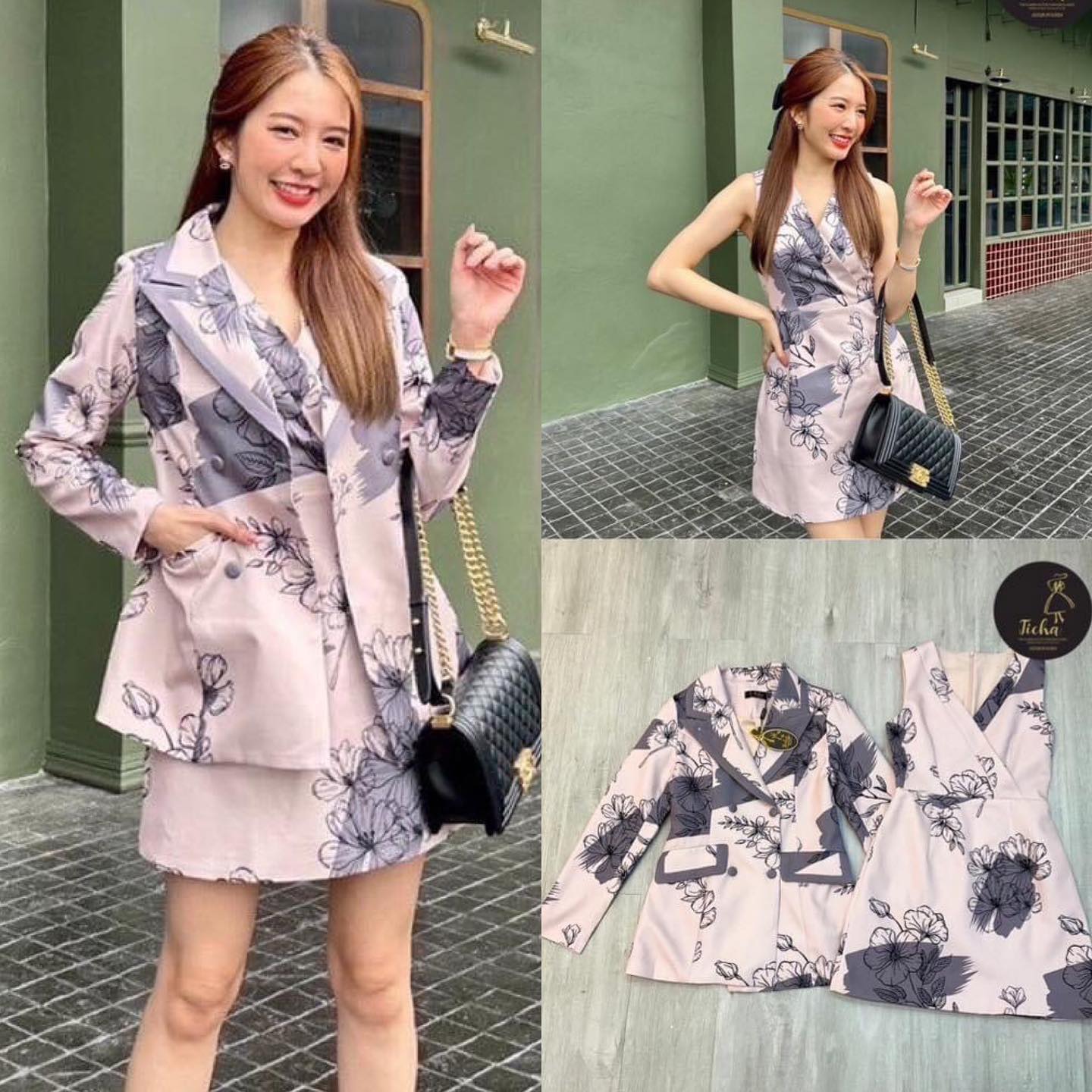 Set 2ชิ้น เดรสแขนกุดคอปก พิมพ์ดอกไม้ ไม่เสริมฟองน้ำ คอวีแบบปาด และมีซิปหลัง มาพร้อมเสื้อคลุมสูทคอปก พิมพ์ลายเดียวกันไหล่เสริมฟองน้ำ : สินค้าคุณภาพ (พร้อมส่ง)