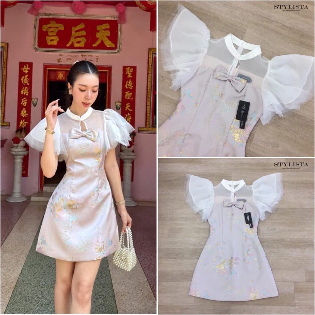 กี่เพ้า เดรสทรงพอดีตัว ซีทรูช่วงไหล่ เเขนผ้าซีทรูชั้นๆ ผ้าลายดอกไม้ ใส่สวย น่ารักมากๆ ใส่สบาย : สินค้าคุณภาพ (พร้อมส่ง)