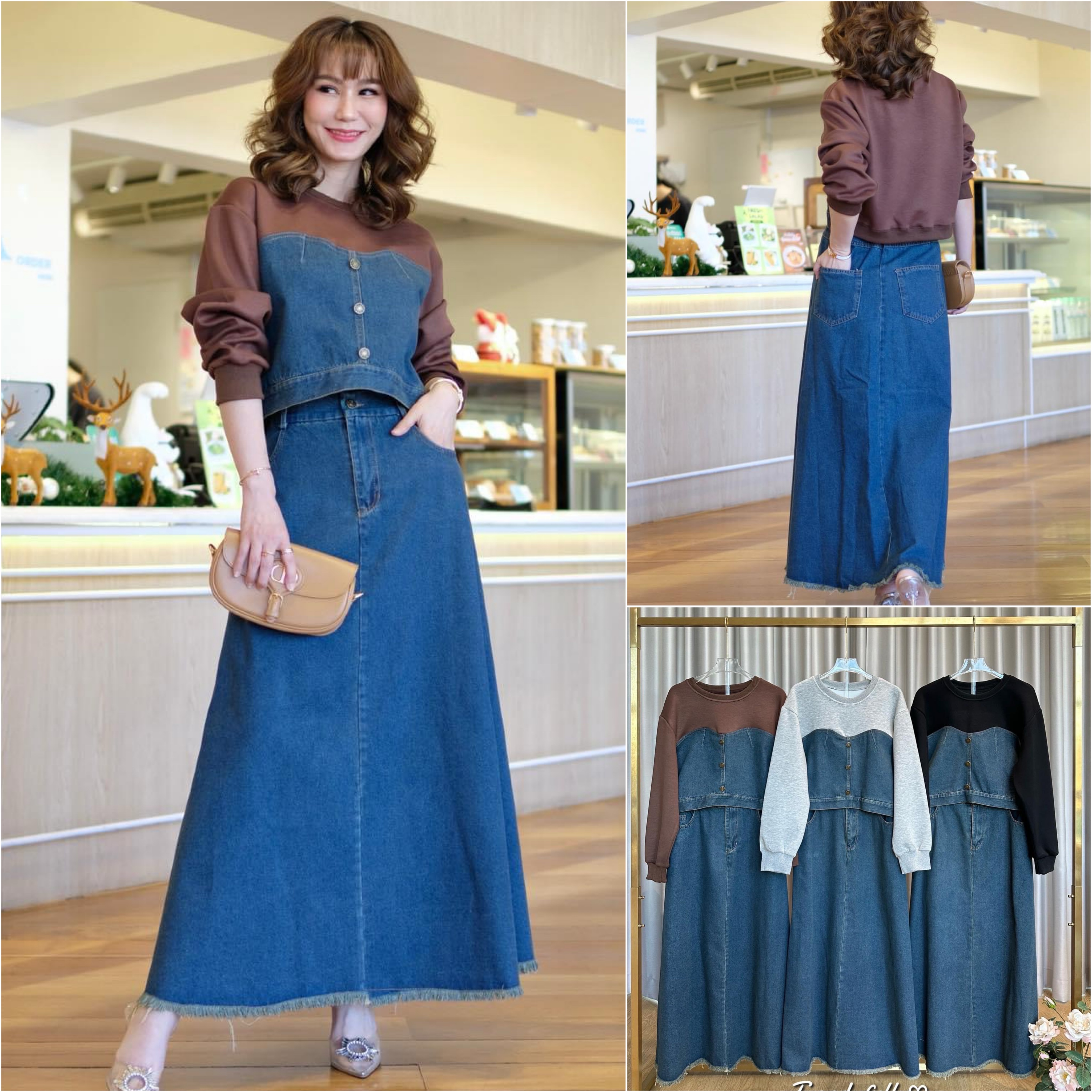 ชุดเซทเสื้อยีนส์แต่งผ้ายืด+กระโปรงทรงบาน ชุดเซท2ชิ้น เนื้อผ้ายีนส์แท้ฟอกสีอย่างดี ใส่สบาย : สินค้าคุณภาพ (พร้อมส่ง)