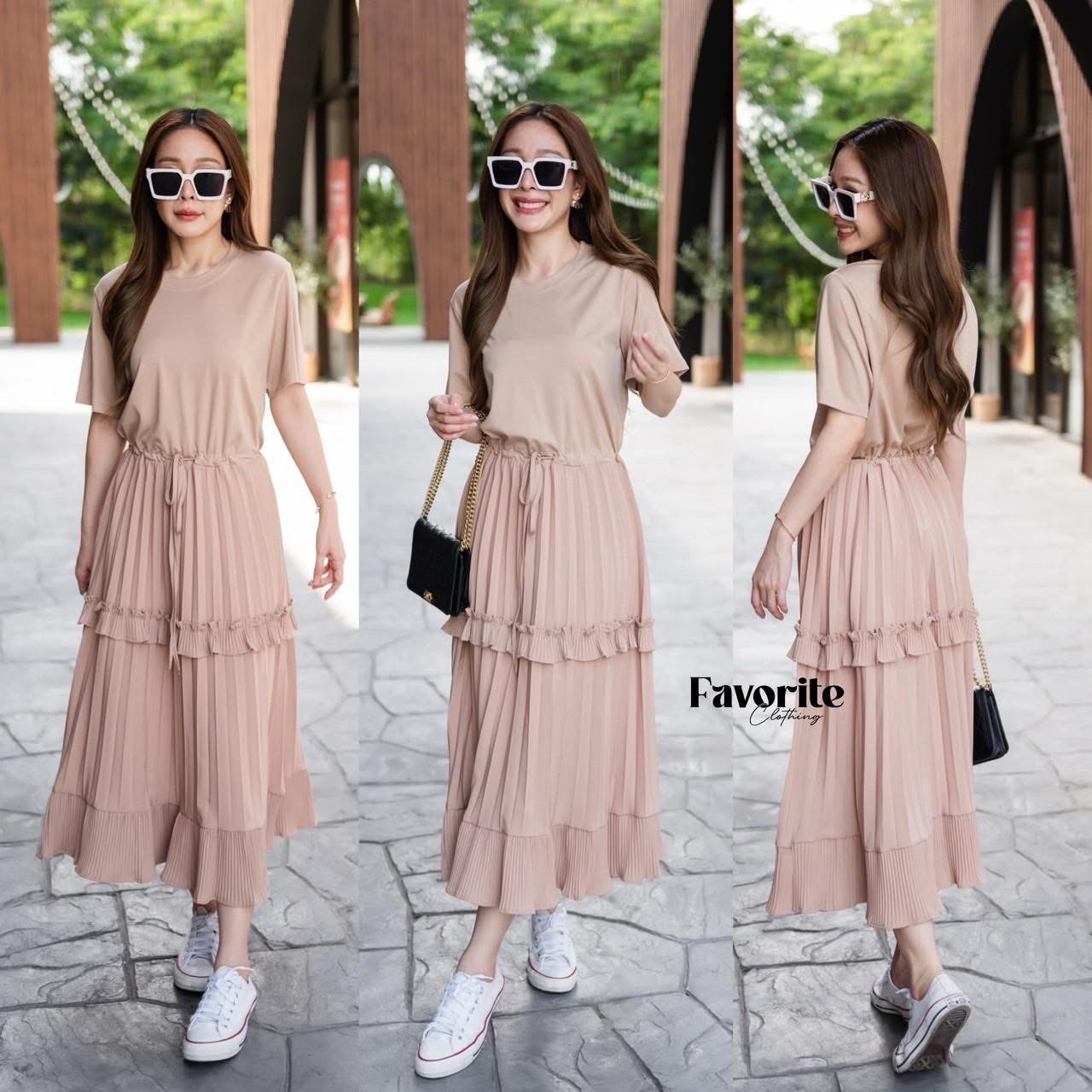 เดรสผ้ายืดชายพลีท ใส่สบาย : สินค้าคุณภาพ (พร้อมส่ง)