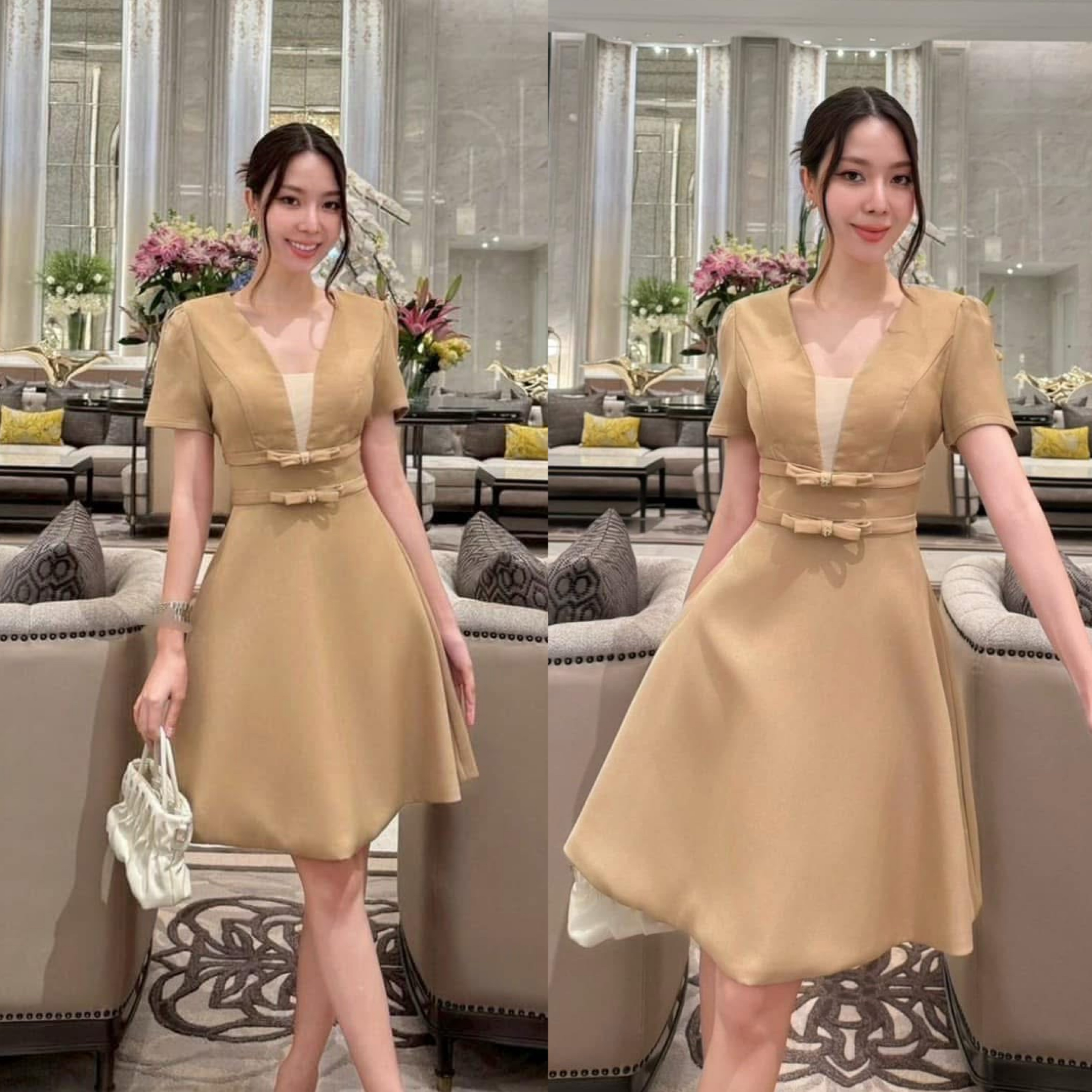 มินิเดรสแต่งเข็มขัดโบว์สองชั้น ดีไซน์สวยน่ารัก ใส่สบาย : สินค้าคุณภาพ (พร้อมส่ง)