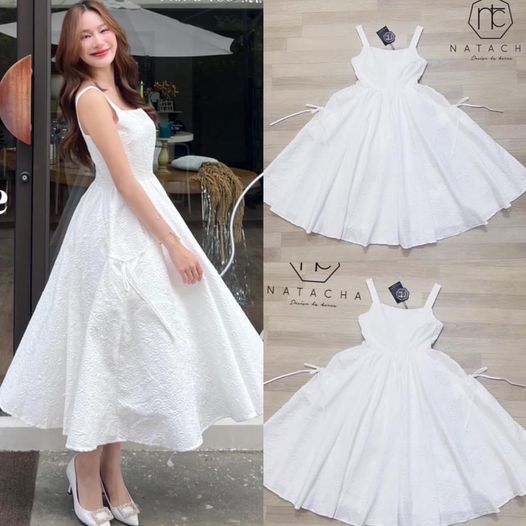 เดรสขาวพองๆ ลุคเจ้าหญิงมาก เนื้อผ้ามีลายในตัวเลยจ้า สินค้าคุณภาพ (พร้อมส่ง)