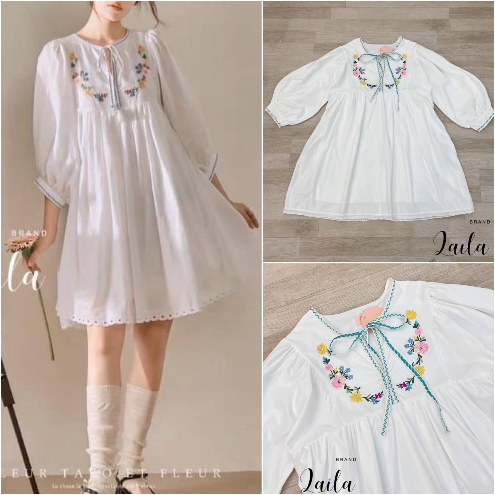 มินิเดรสงานลายทรงแขายาว แต่พองนิดจั้มปลายแขน ช่วงอกแต่งงานปีก ดอกไม้ มีเขือกผูกน่ารักๆ สีขาวสไตล์โบฮีเมีย สินค้าคุณภาพ (พร้อมส่ง)