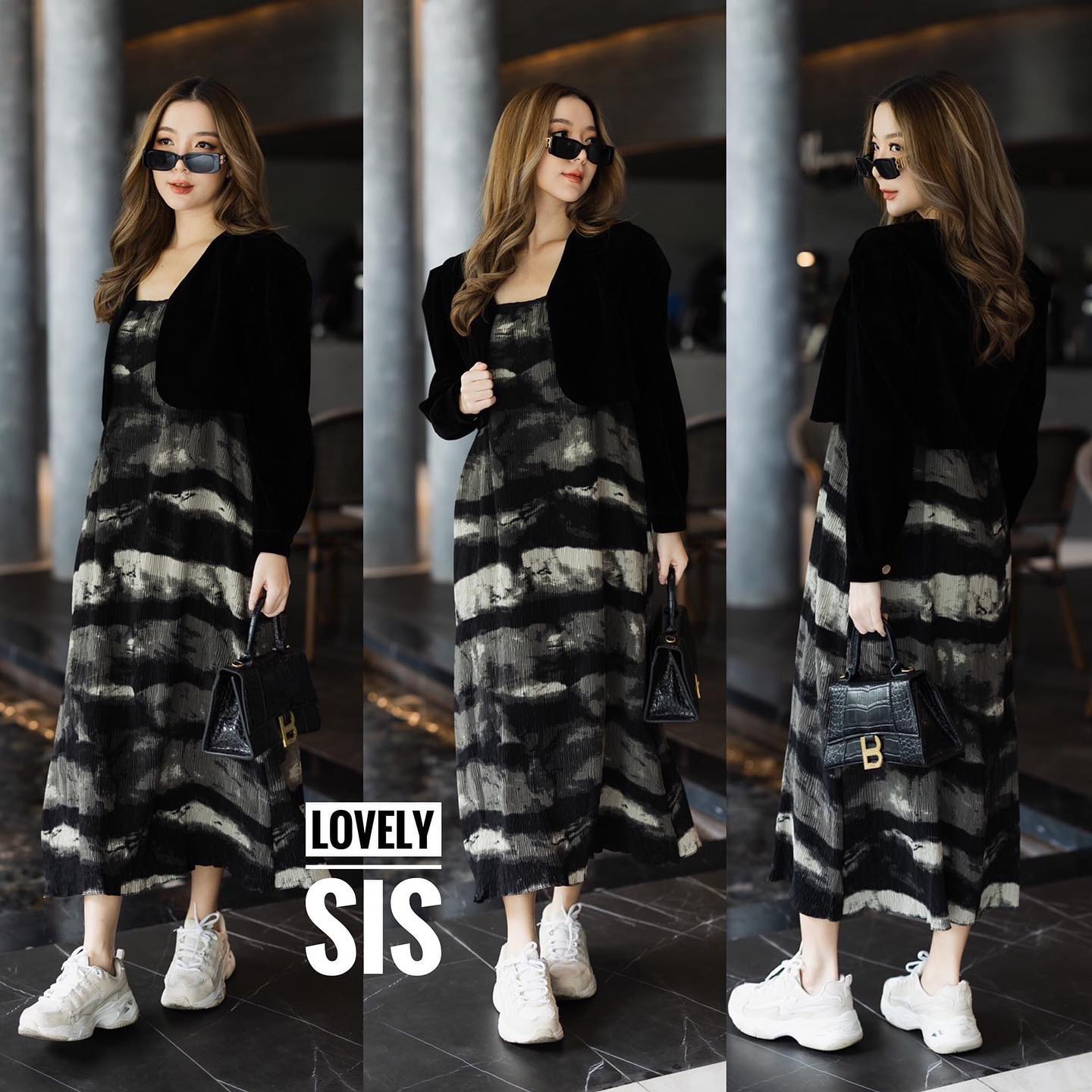 ชุด Set 2 pcs เสื้อคลุมแขนยาว ผ้ากำมะหยี่สวยมากค่า มาพร้อมเดรส สายเดี่ยวอัดพลีทพิมพ์ลาย มีซับใน อย่างดี . สินค้าคุณภาพ (พร้อมส่ง)