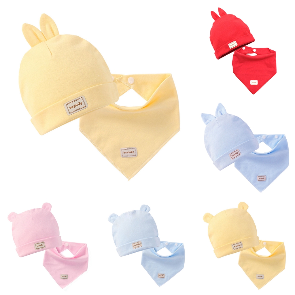 Set หมวกเด็กแรกเกิด+ผ้าซับน้ำลาย 0-3 เดือน ผ้าฝ้ายยืดเนื้อนิ่ม หมี/กระต่าย น่ารักสดใสสไตล์เกาหลี