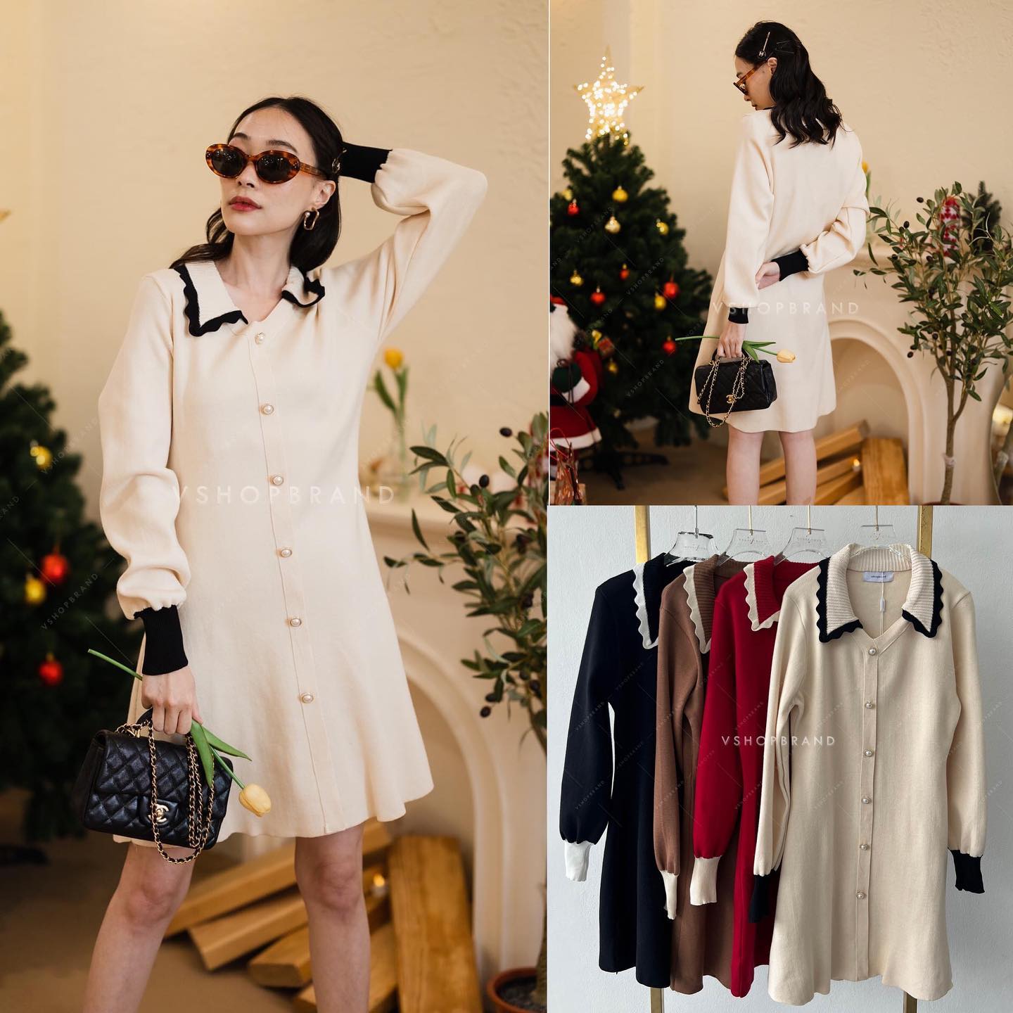 เดรสไหมพรมคอปกหยักขลิบขอบ แขนพอง สินค้าคุณภาพ (พร้อมส่ง)