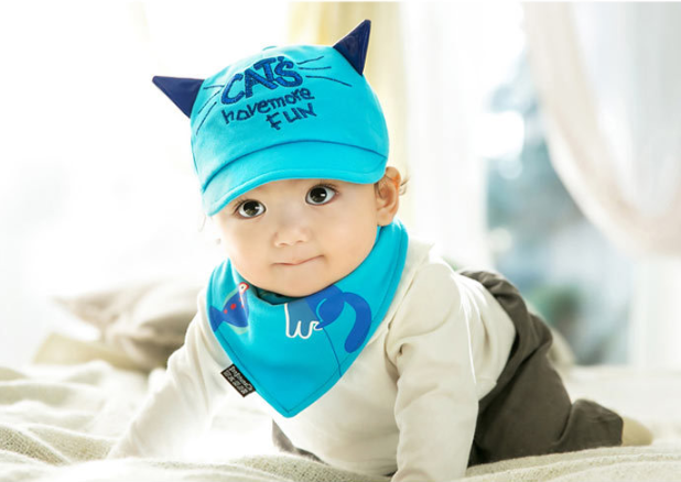 Set หมวก+ผ้ากันเปื้อน เด็กเล็ก 6-24 เดือน หมวกแมวน่ารักกับผ้ากันเปื้อนสามเหลี่ยมสไตล์เกาหลี Cat Have More Fun