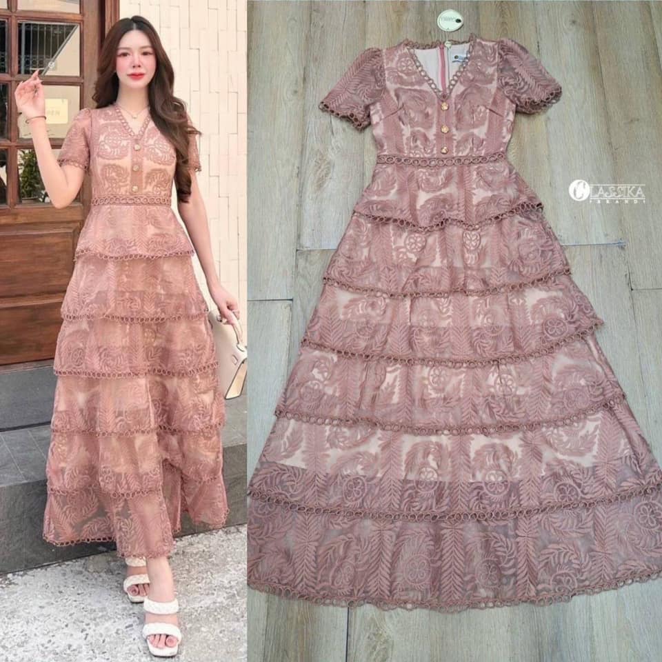 Dress ยาวเป็นเลเยอร์ชั้นๆ คอวีแขนสั้น ใช้ลูกไม้เกรดพรีเมี่ยมทั้งตัว ใส่สบาย : สินค้าคุณภาพ (พร้อมส่ง)