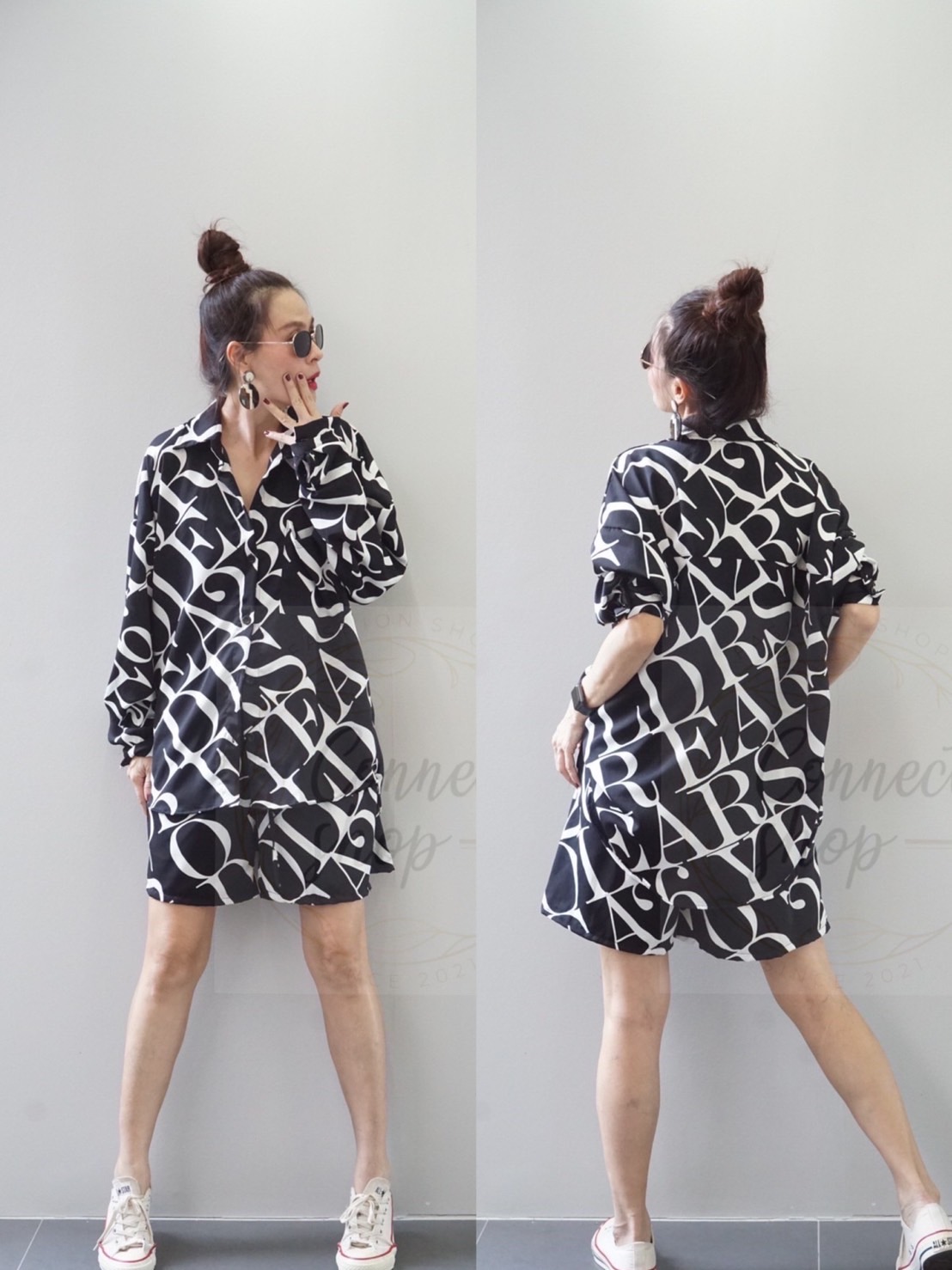 ชุดเซต 2 ชิ้น!! เสื้อเชิ้ตแขนยาว ผ้าไหมอิตาลี่ เนื้อนิ่ม พิมลายภาษาอังกฤษ มาคู่กับ กางขาสั้น เอวยางยืด งานเจาะกระเป๋าข้าง ใส่สบาย : สินค้าคุณภาพ (พร้อมส่ง)